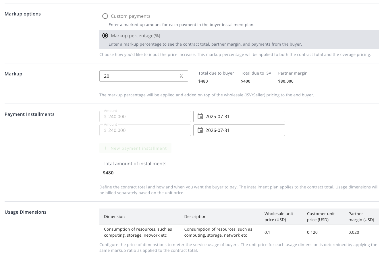 Markup percentage field for a resale private offer
