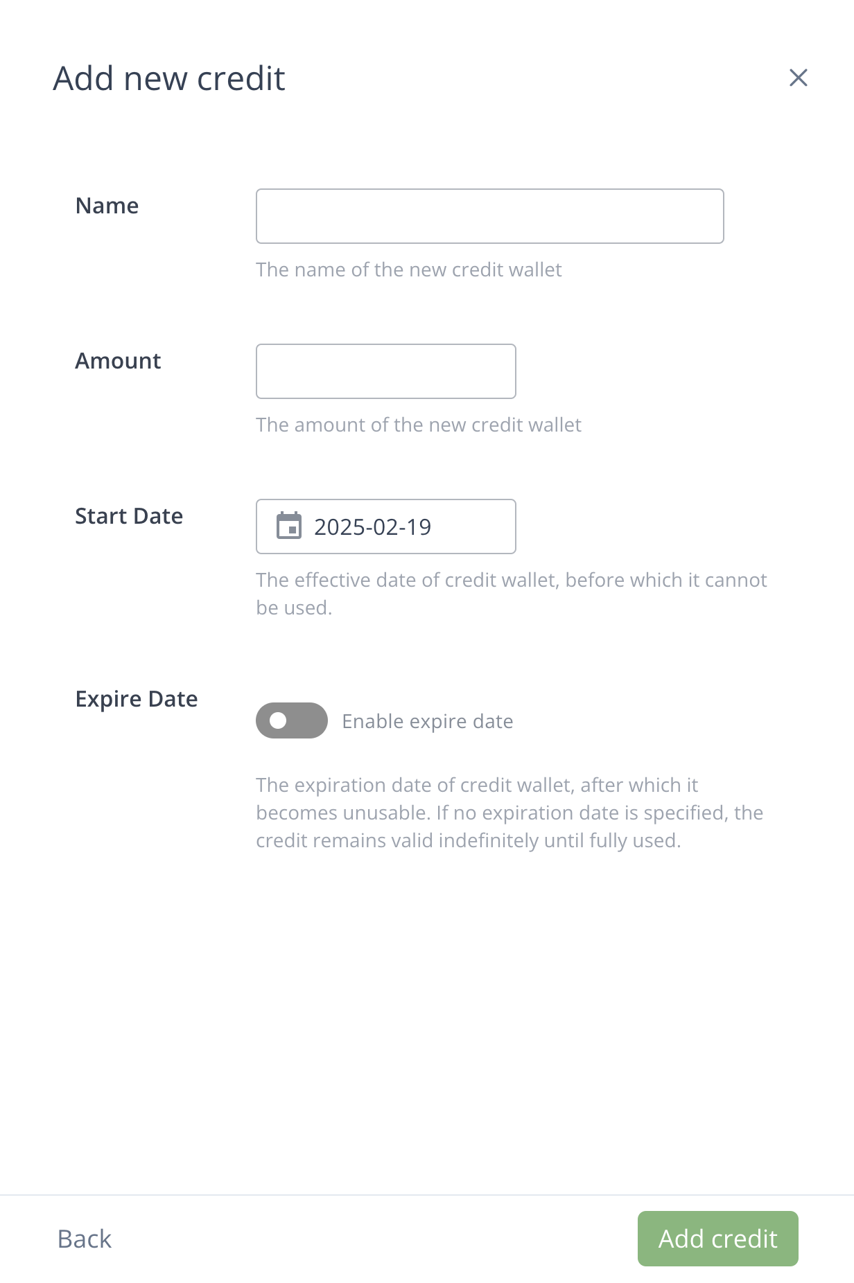 Create credit form with active period