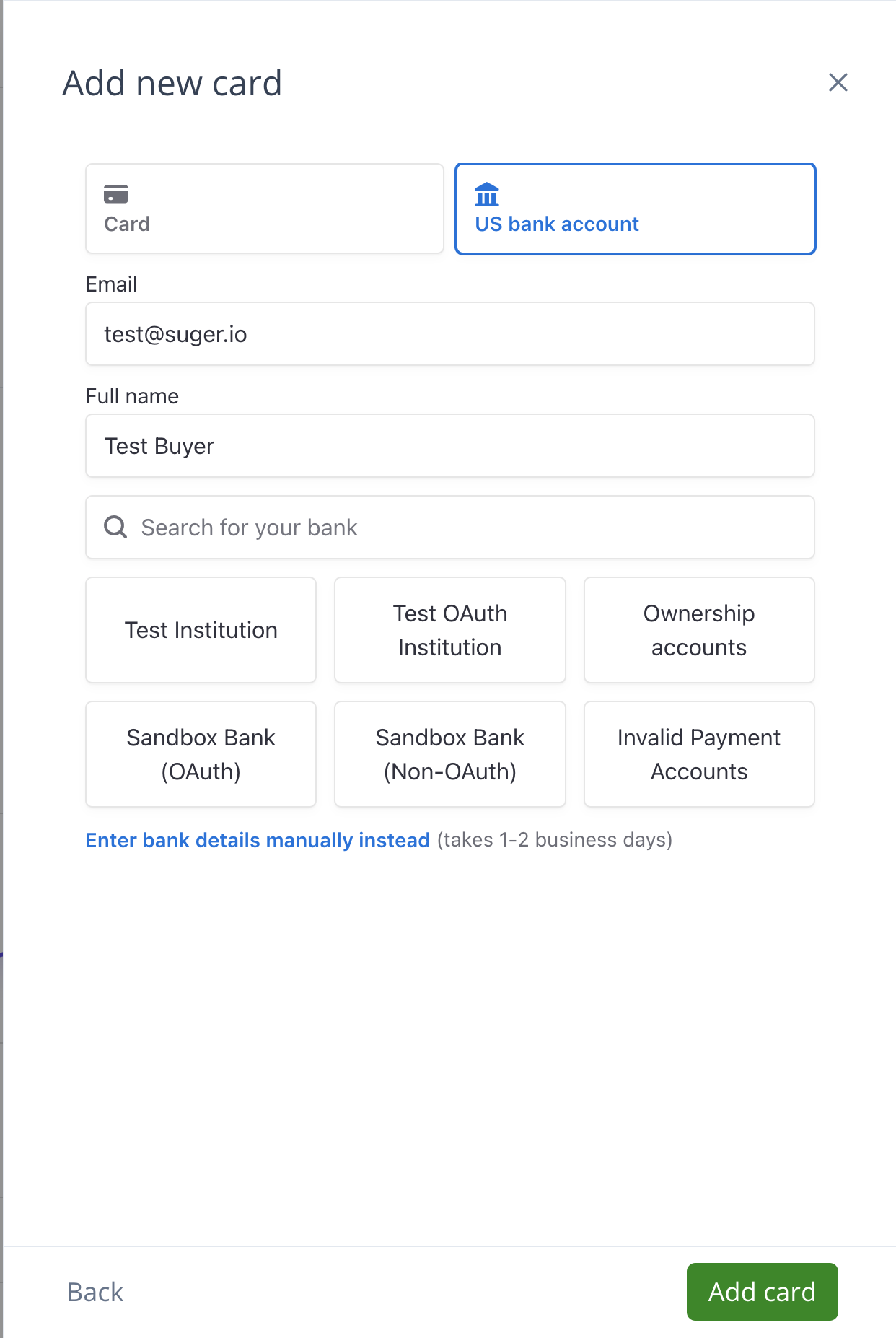 Add US bank account step 1 of Stripe bank-linking