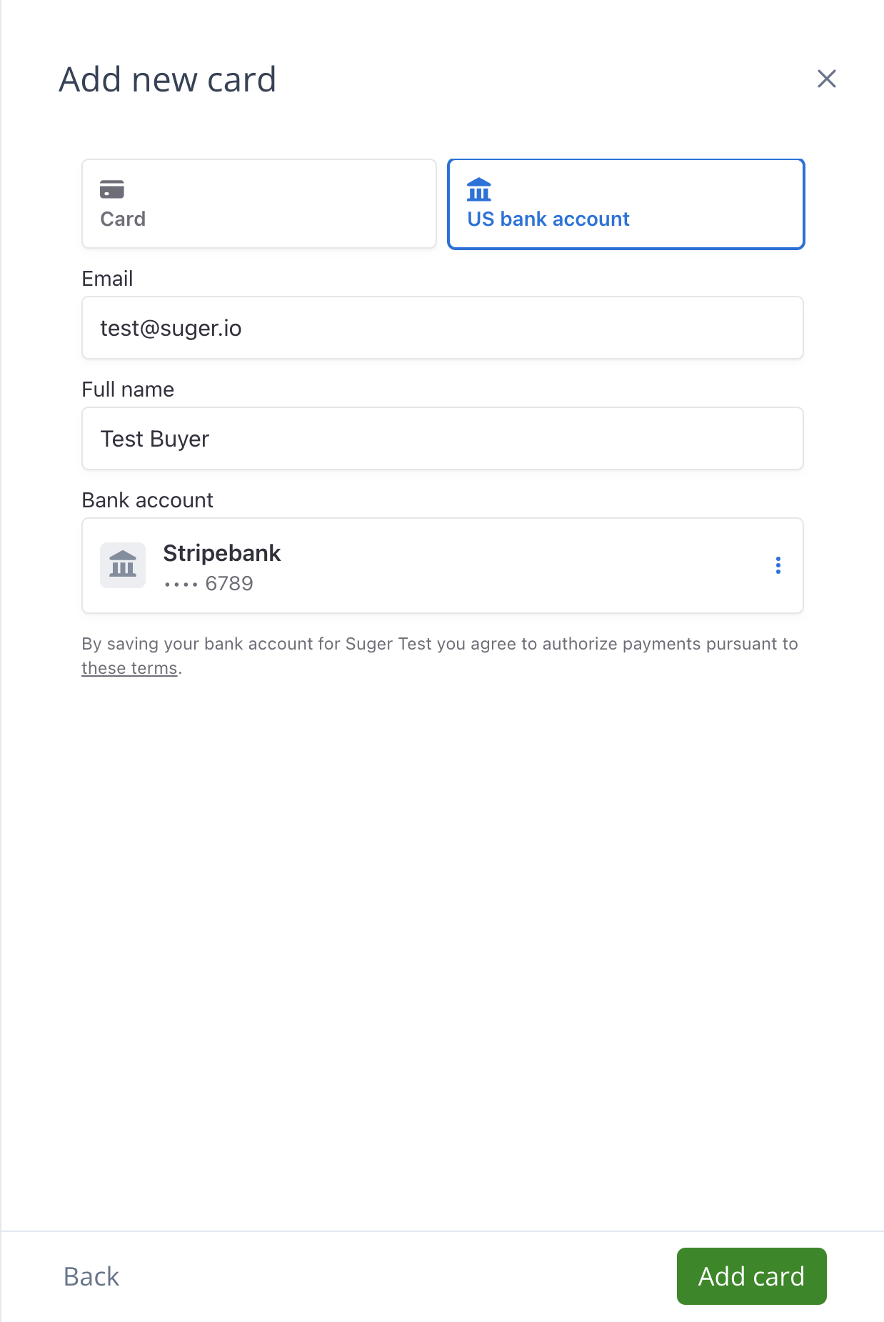 Add US bank account step 2 of Stripe bank-linking