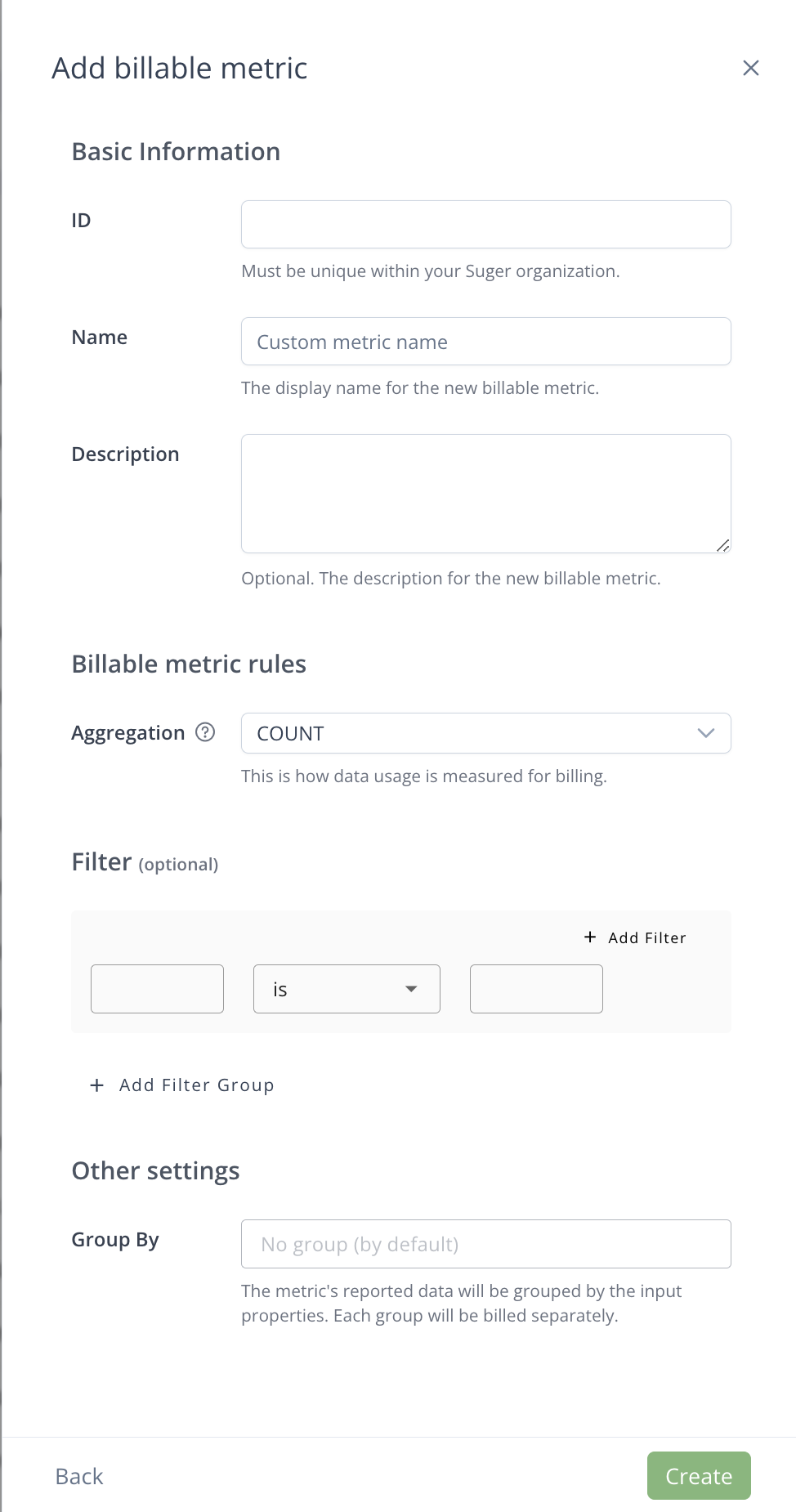 Create billable metric dialog with basic information fields