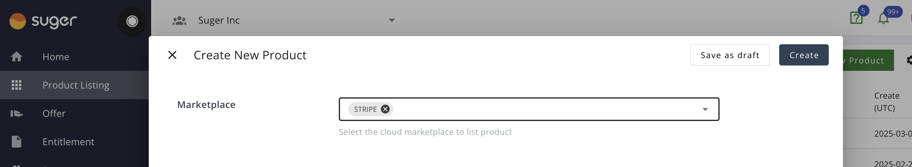 Create product form with Stripe selected as partner