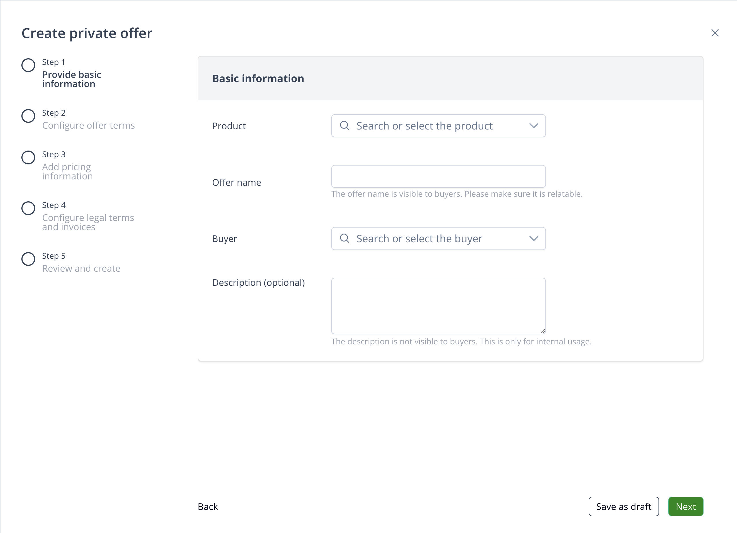 Product, buyer, and offer name fields when creating an offer