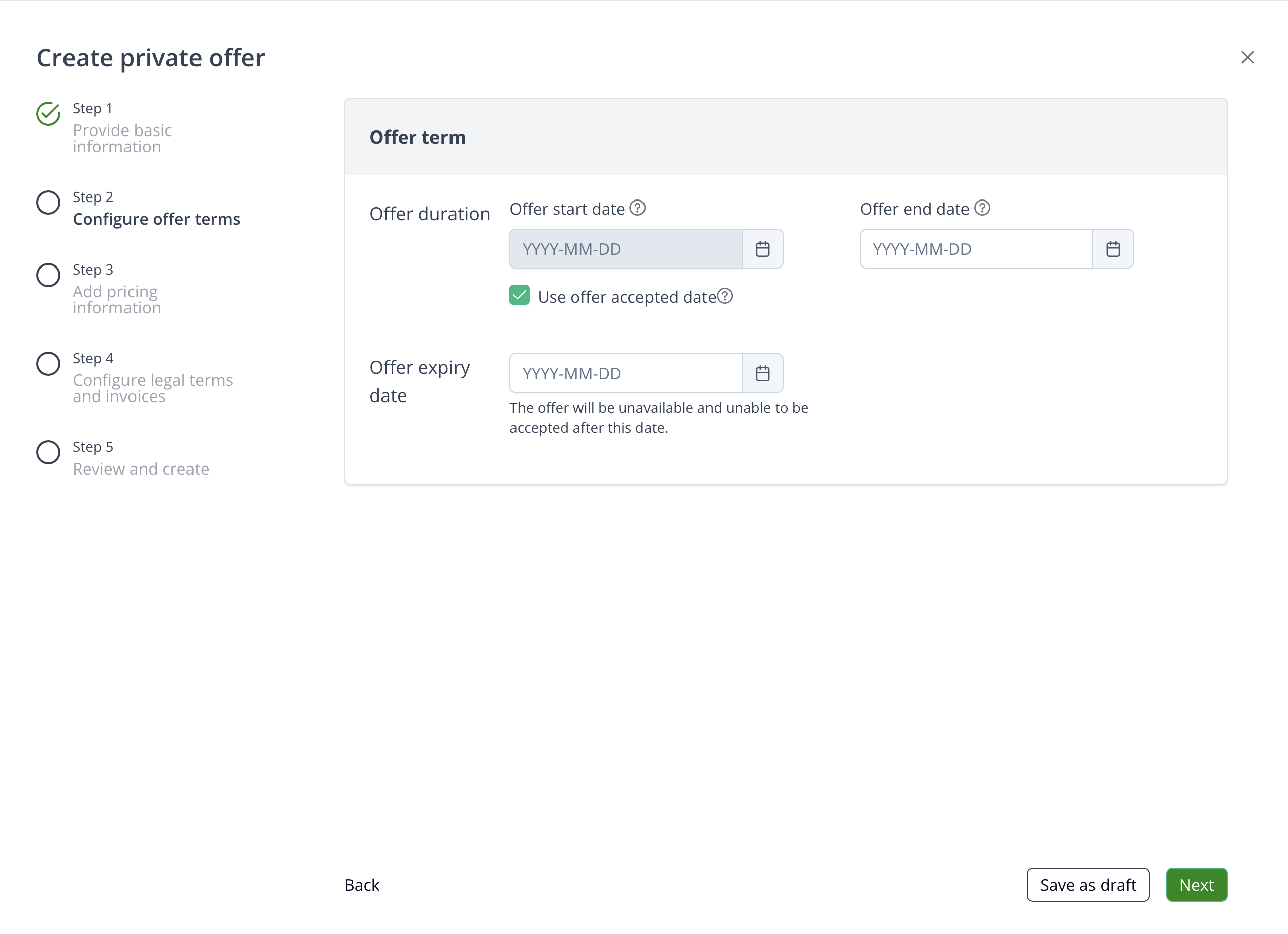 Contract start, end, and expiry date fields when creating an offer