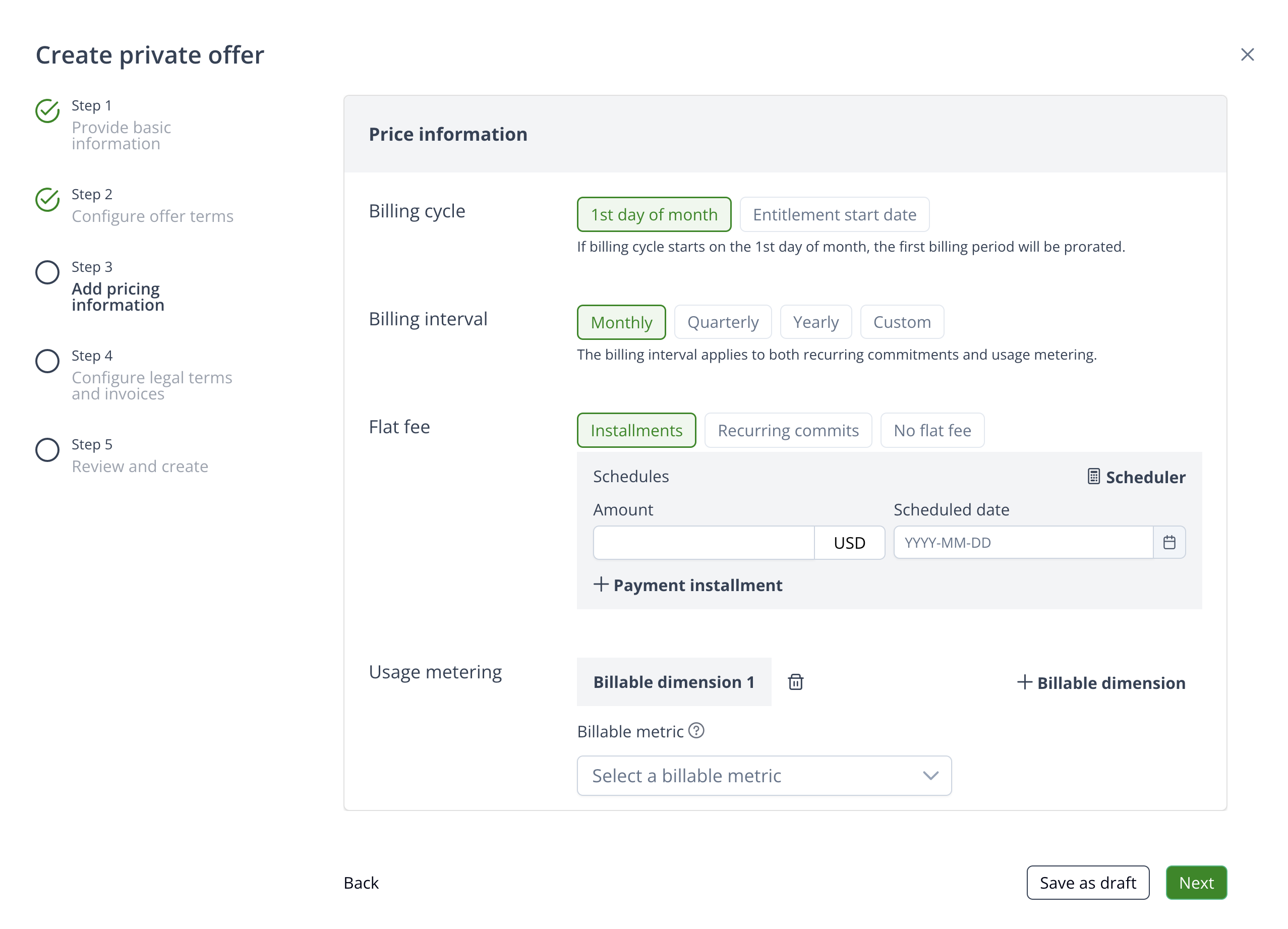 Payment installments configuration with charge date and amount