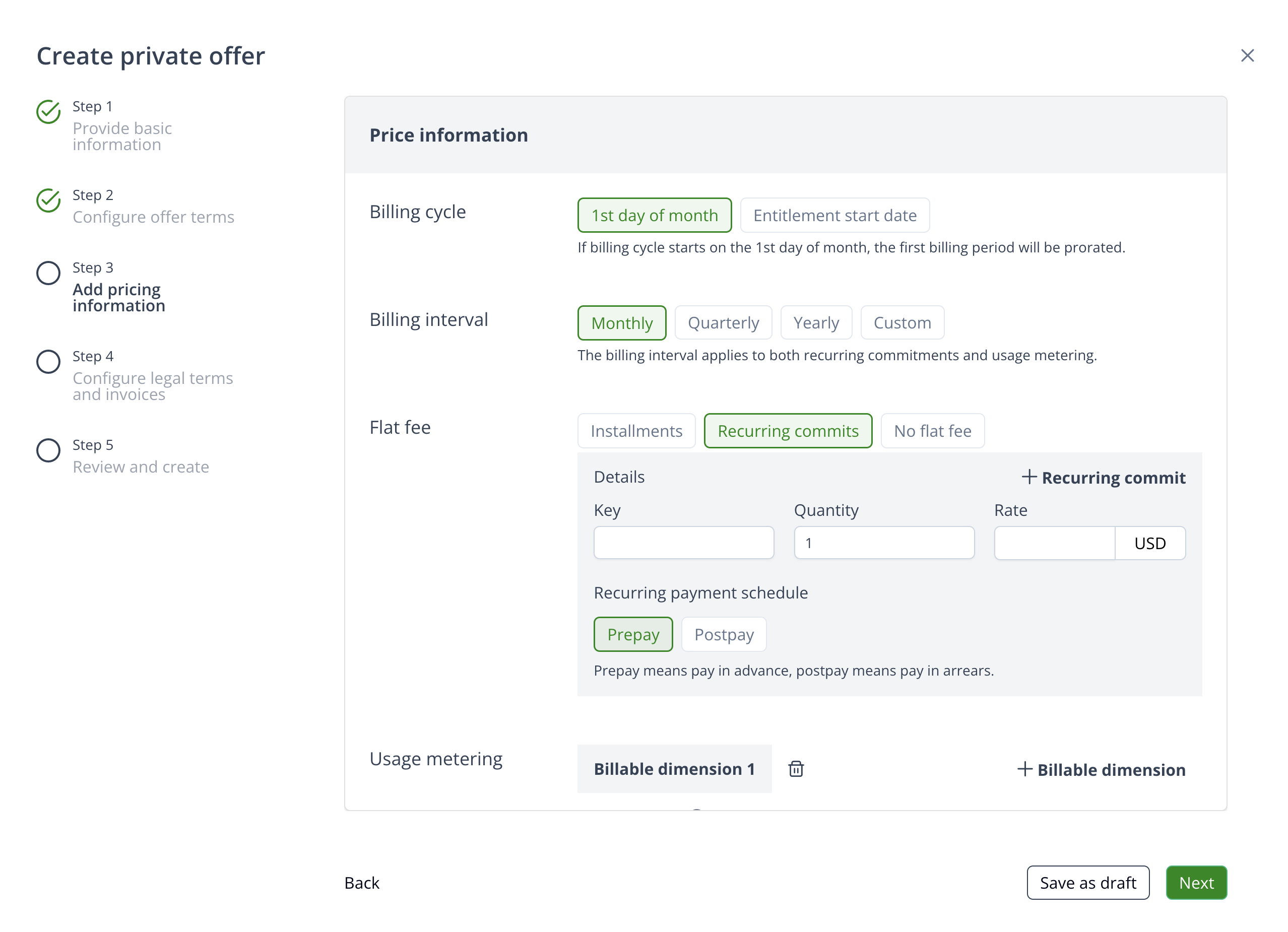 Recurring commits configuration with key, quantity, and rate