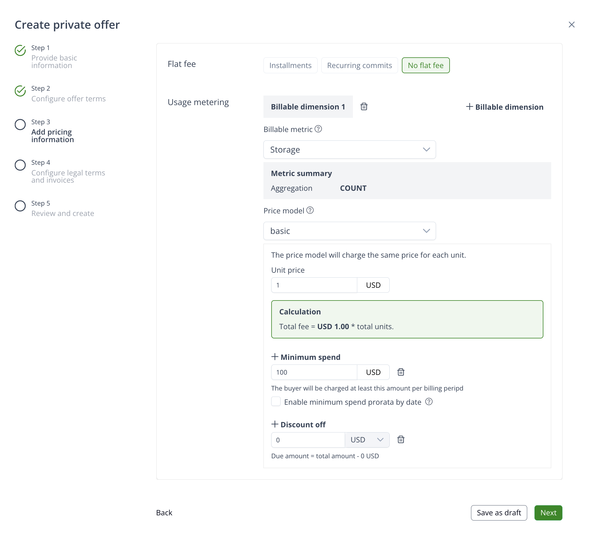 Usage metering billable dimension configuration for an offer