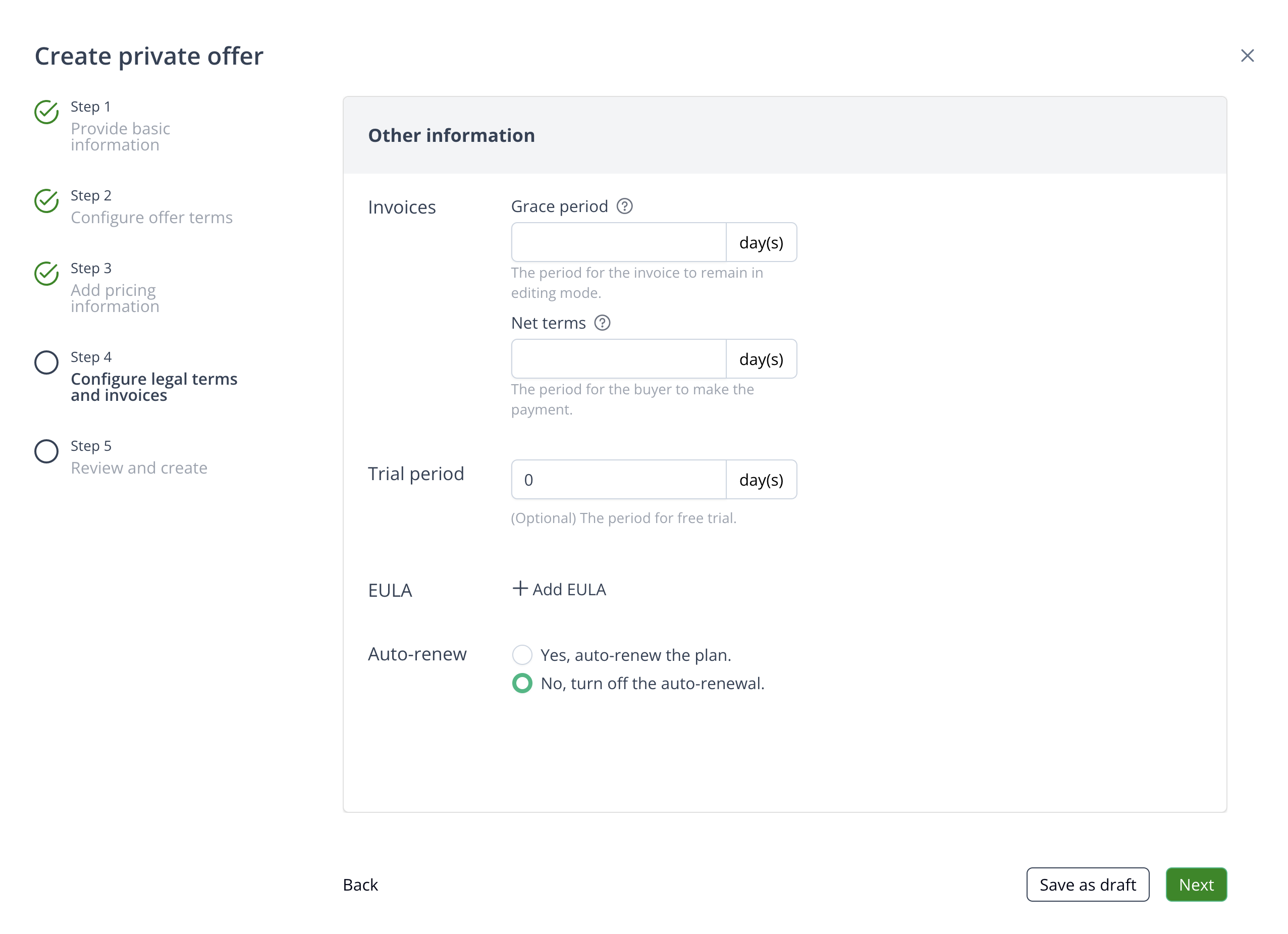 Net terms, grace period, trial period, and EULA settings for an offer