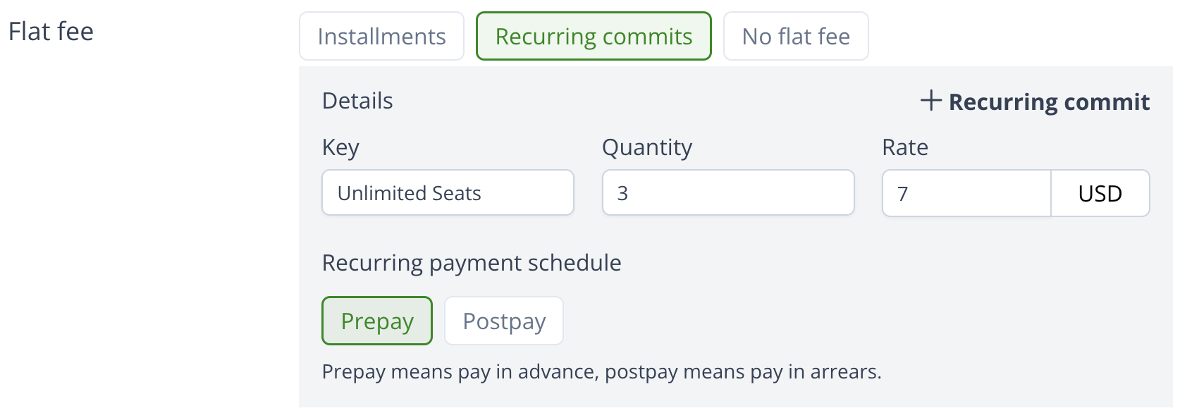 Recurring commit configured for seat quantity and rate