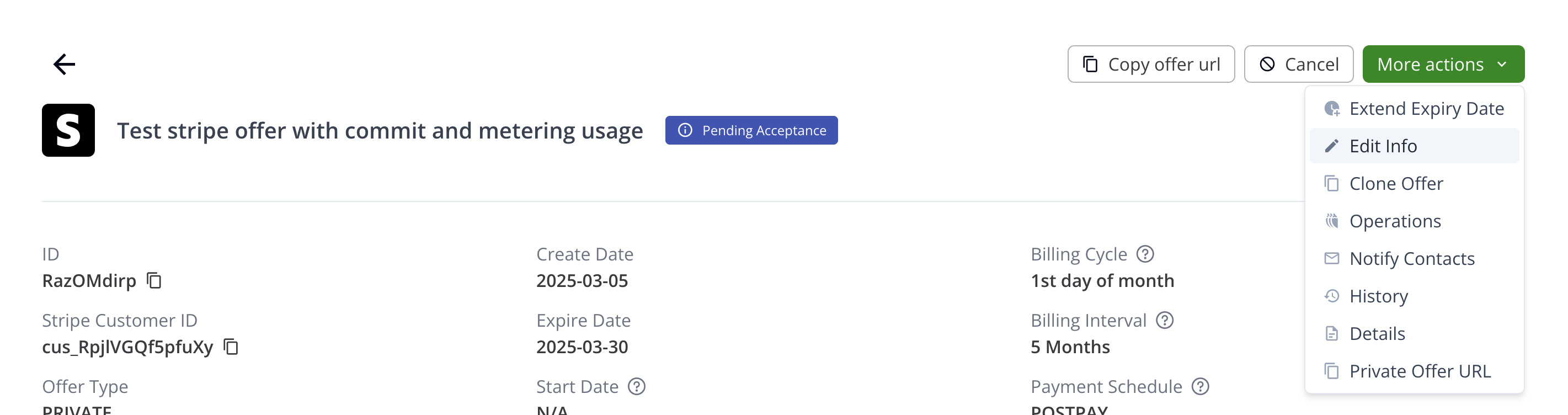 Available actions on the offer details page