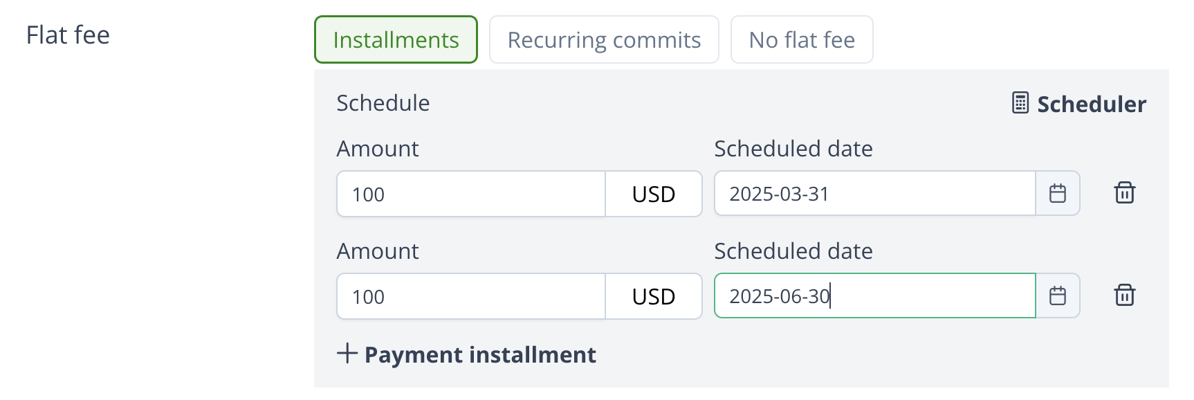 Installment payment schedule configuration for an offer