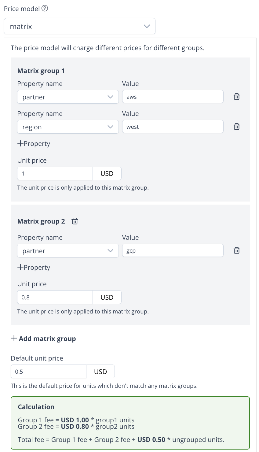 Matrix pricing price model configuration