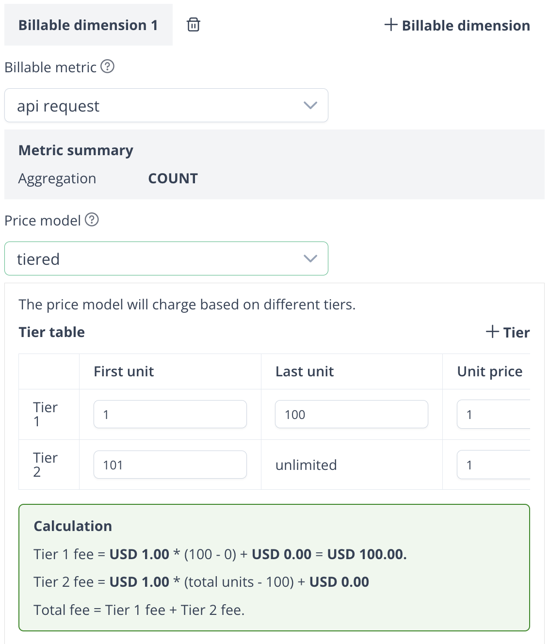Tiered pricing price model configuration