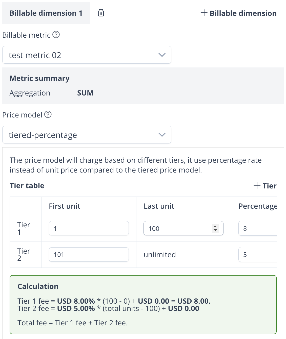 Tiered percentage pricing price model configuration