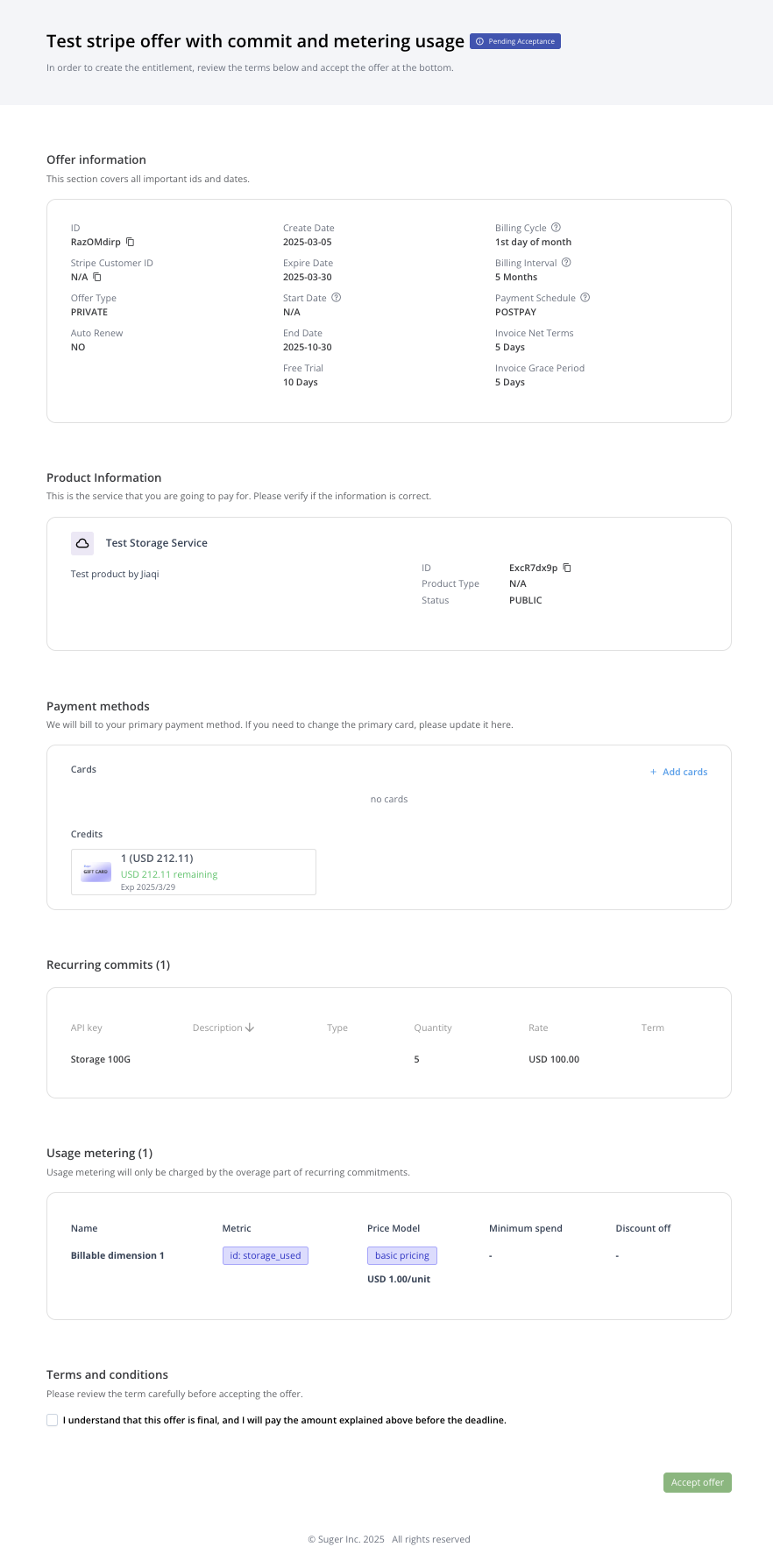 Public offer acceptance page with payment method entry