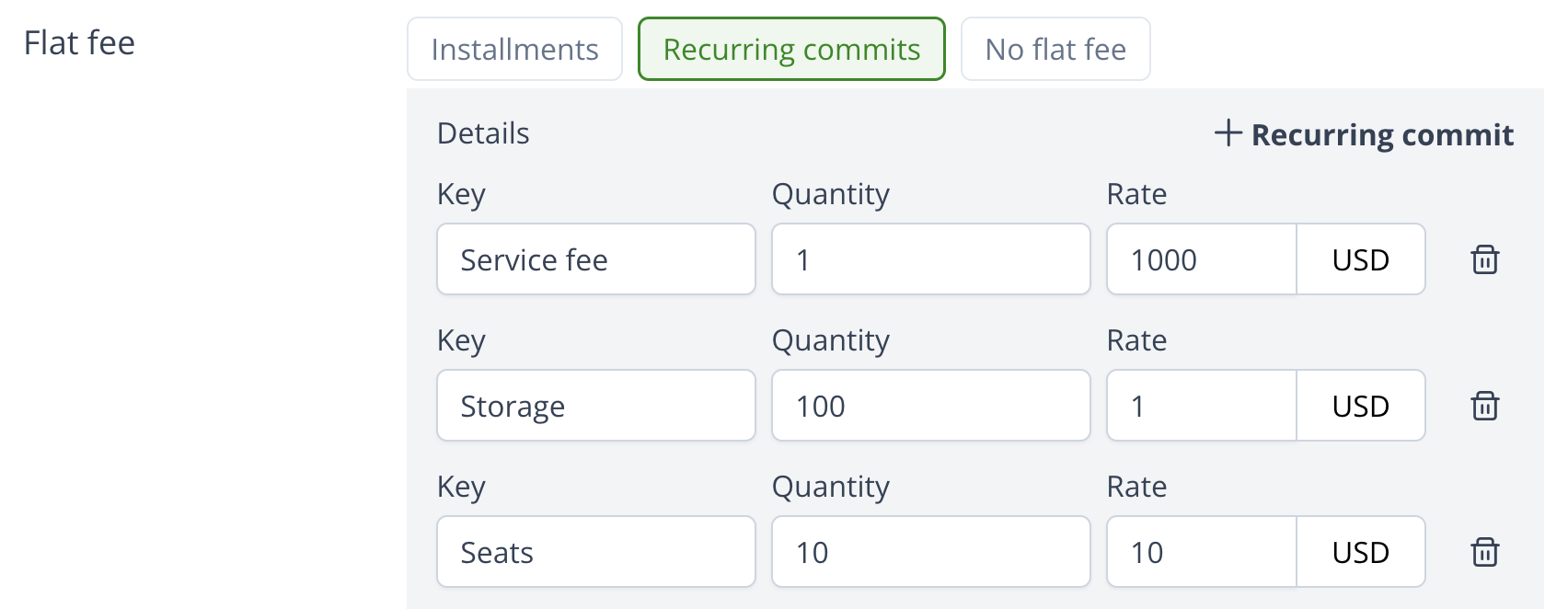 Recurring commit configuration with name, quantity, and rate