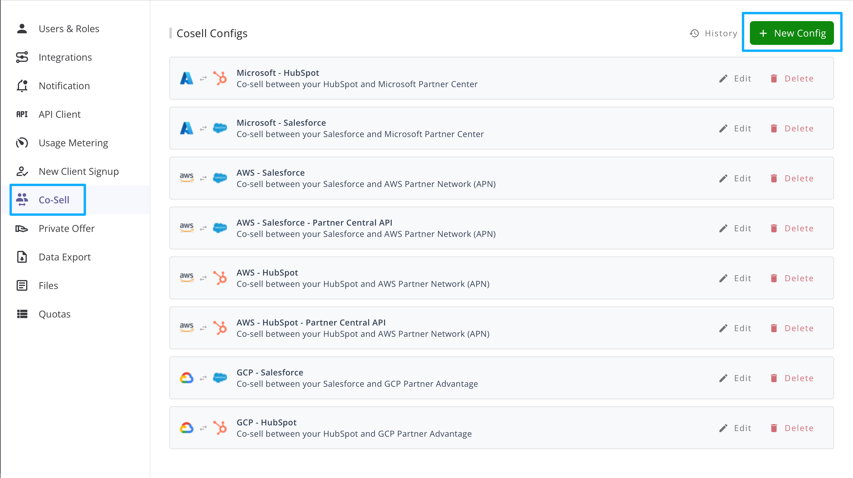 New Config button in the Co-sell settings menu