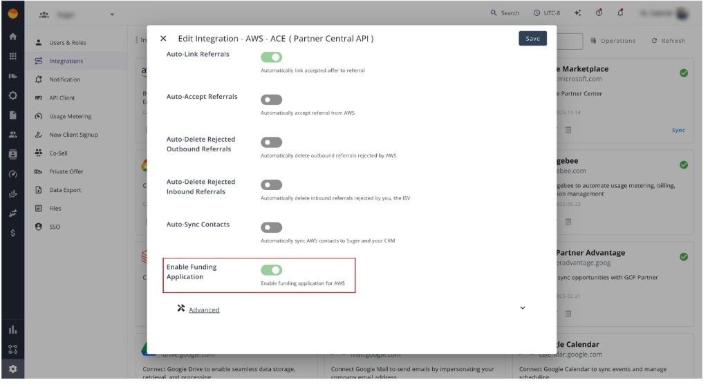 Edit Integration dialog for AWS ACE (Partner Central API), with the Auto-Link Referrals switch turned on at the top, above Auto-Accept Referrals and the other ACE switches