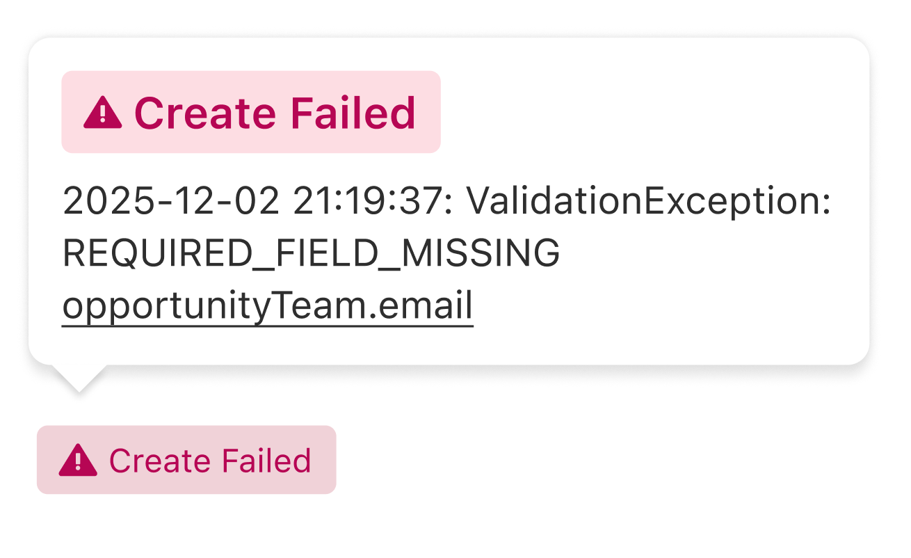 Referral list showing Create Failed status with error hover