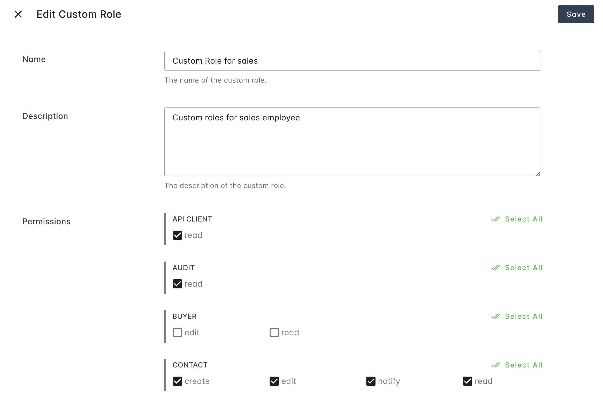 Edit Custom Role form with name, description, and permissions