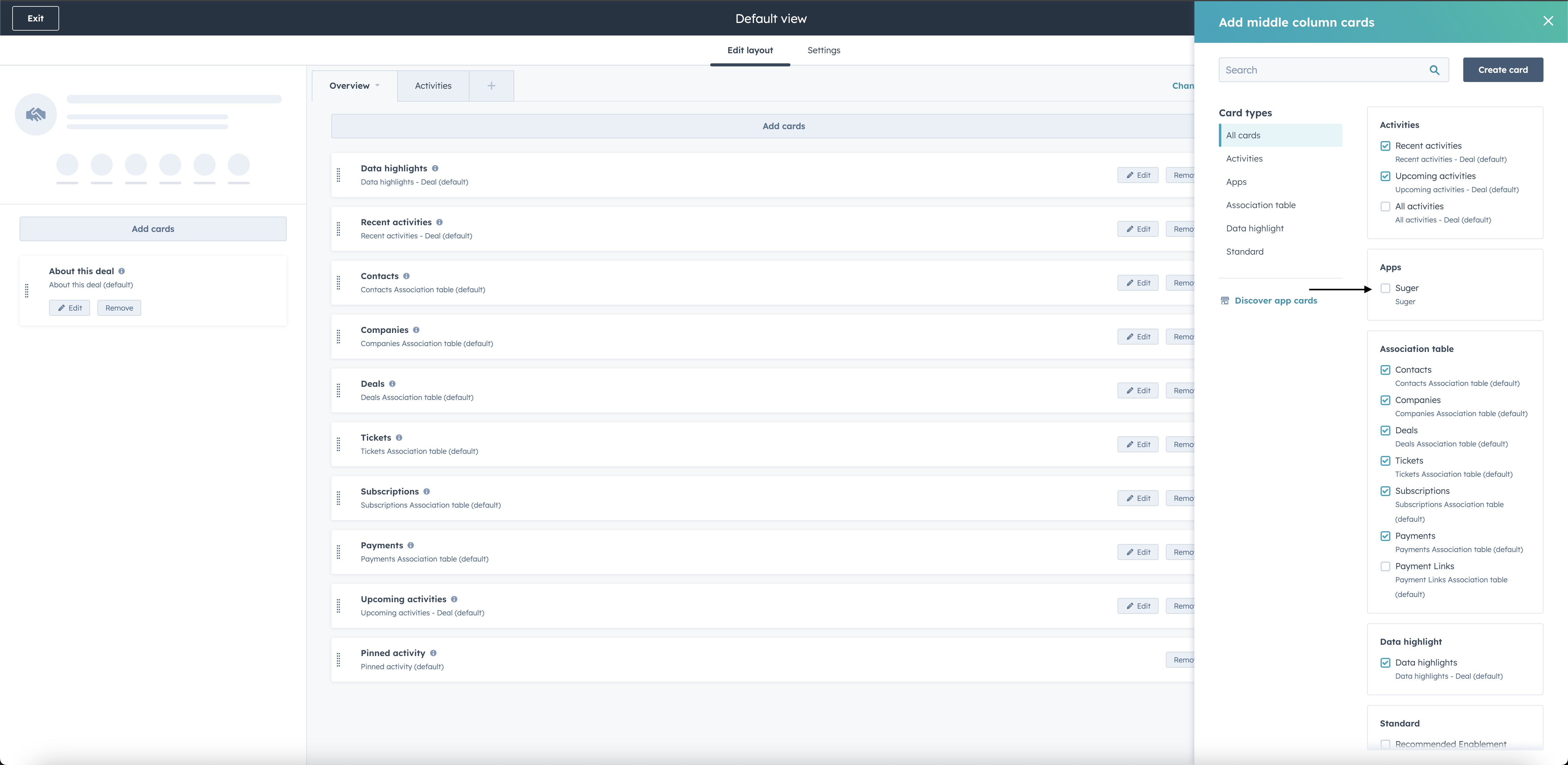 Suger App card selection filtered by Apps in HubSpot