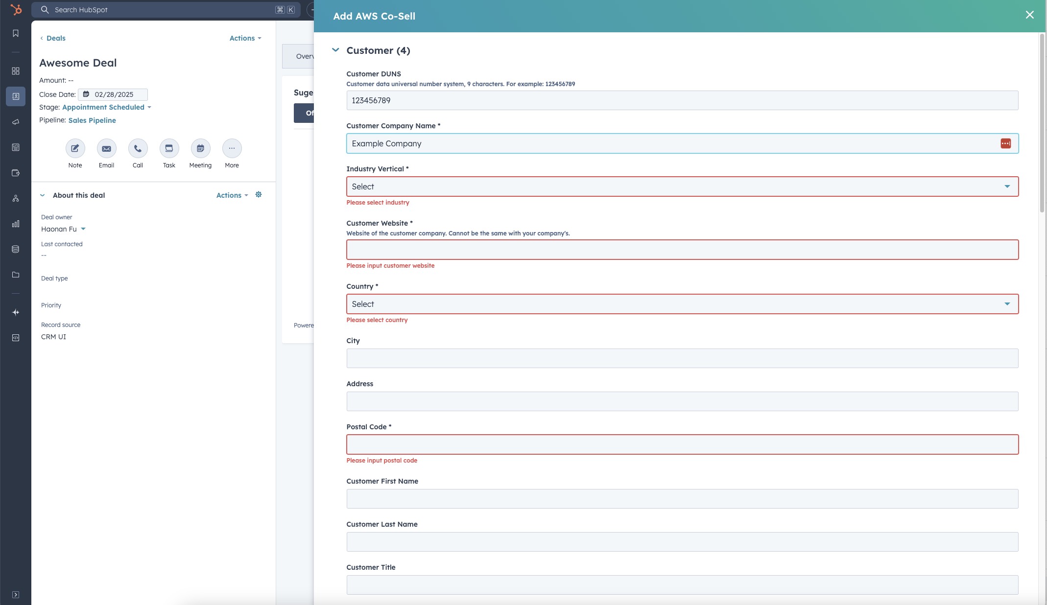 Co-Sell referral form with required fields