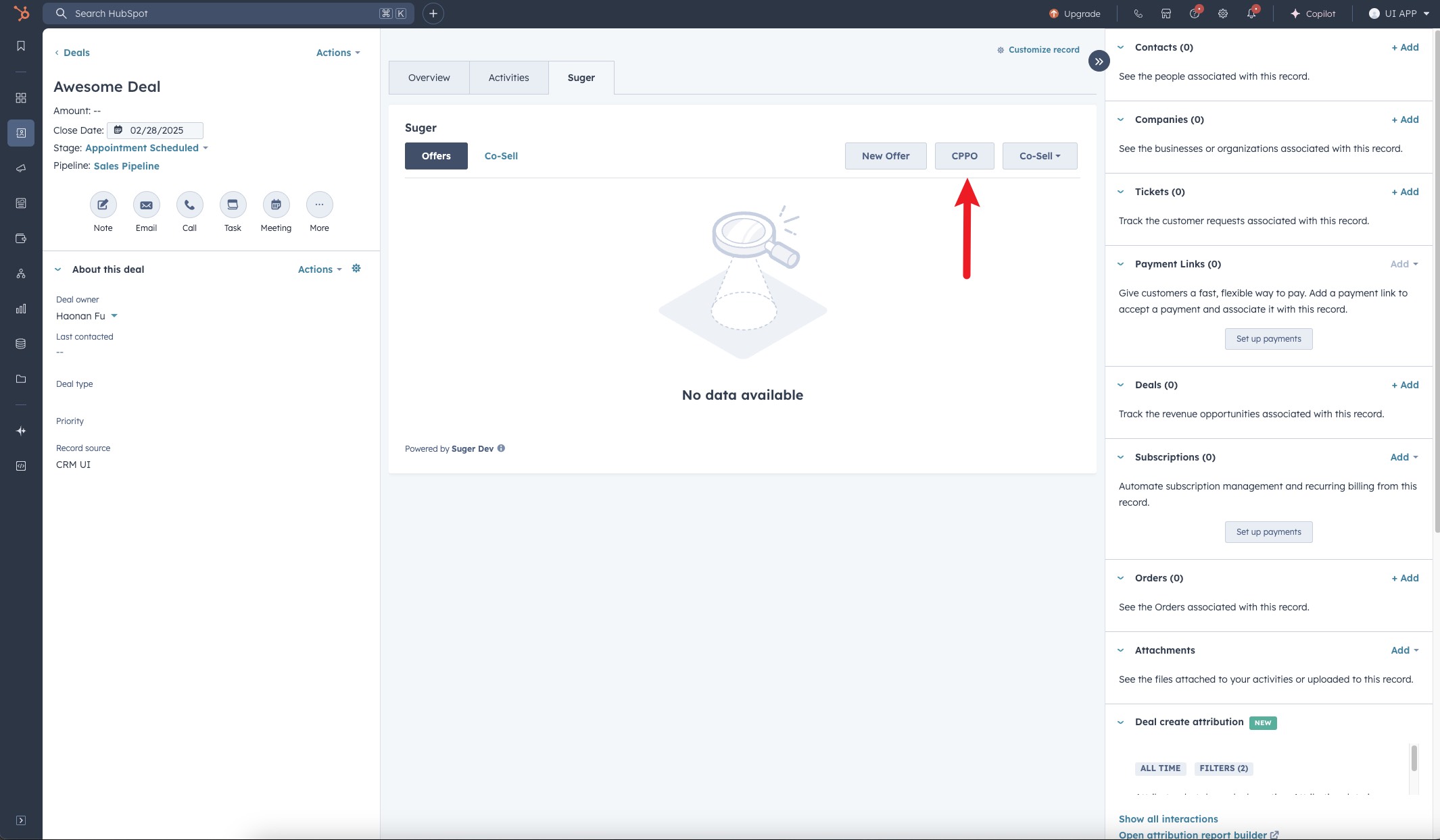 New Resale button inside the Suger panel in HubSpot