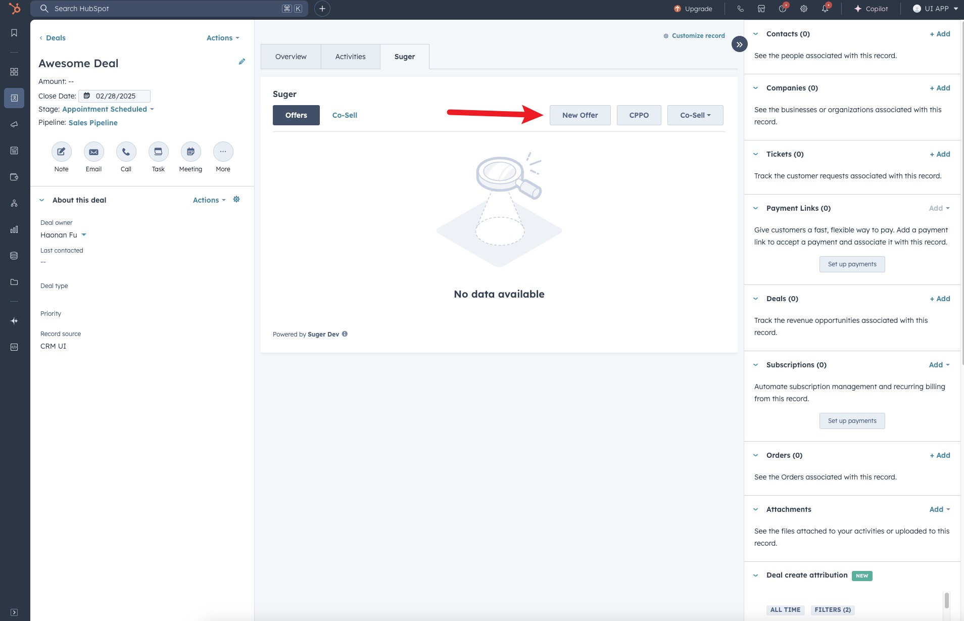 New Offer button in the Suger panel