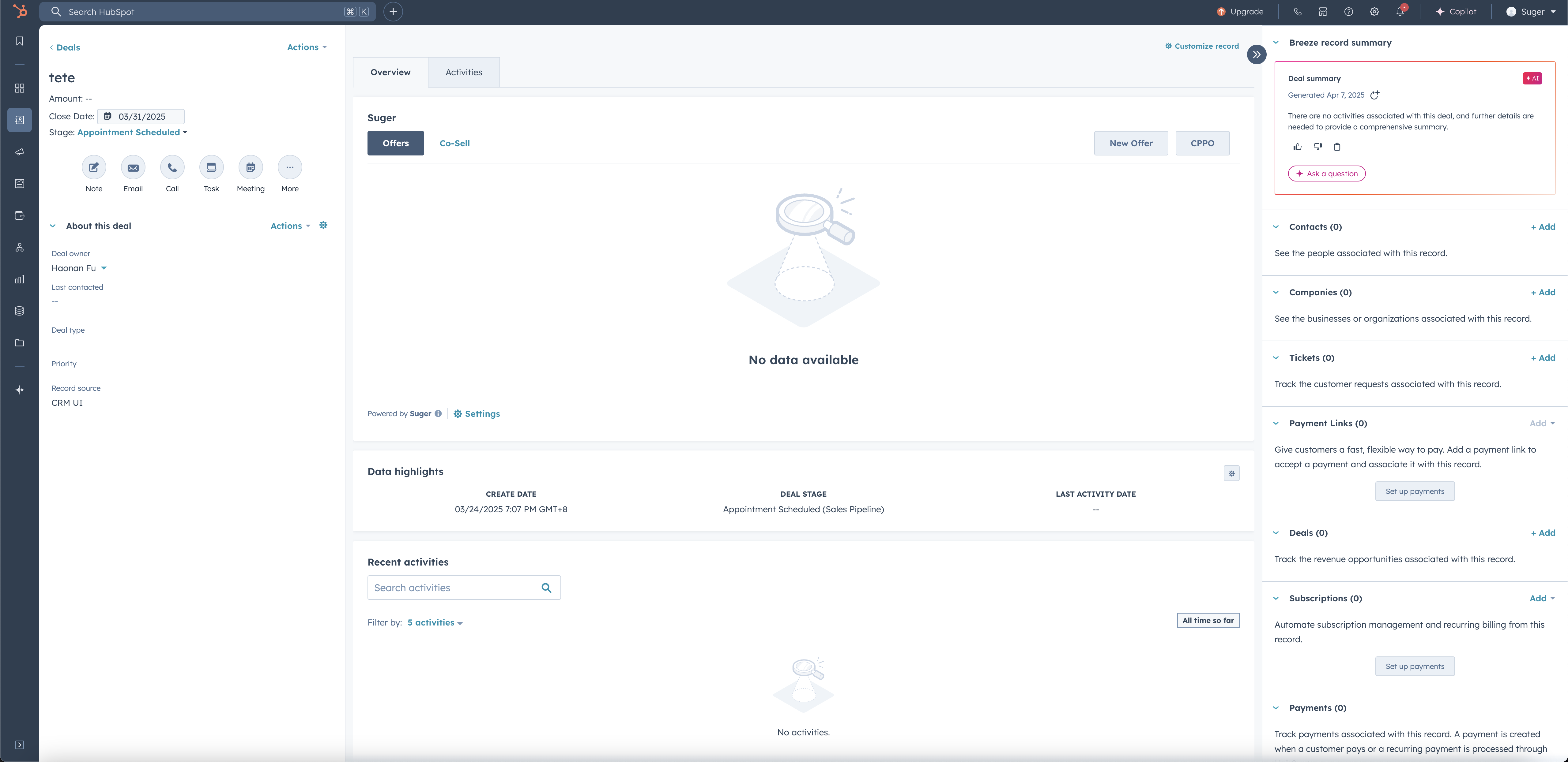 Suger App card displayed on a HubSpot deal record