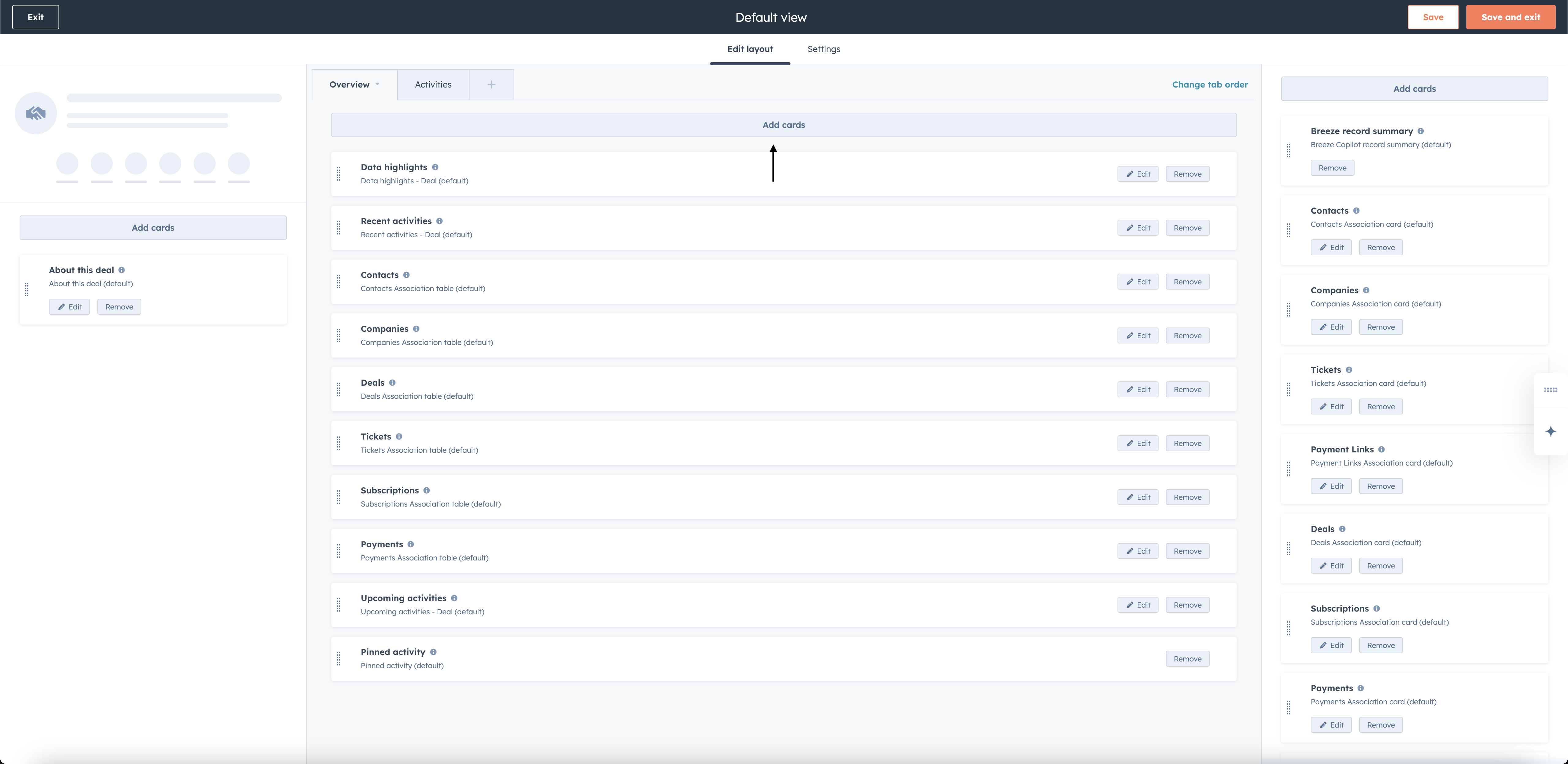 Add cards button on the HubSpot deal record default view