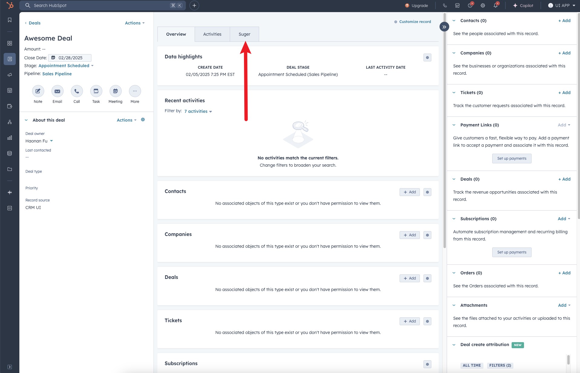 Suger tab on a HubSpot deal record page
