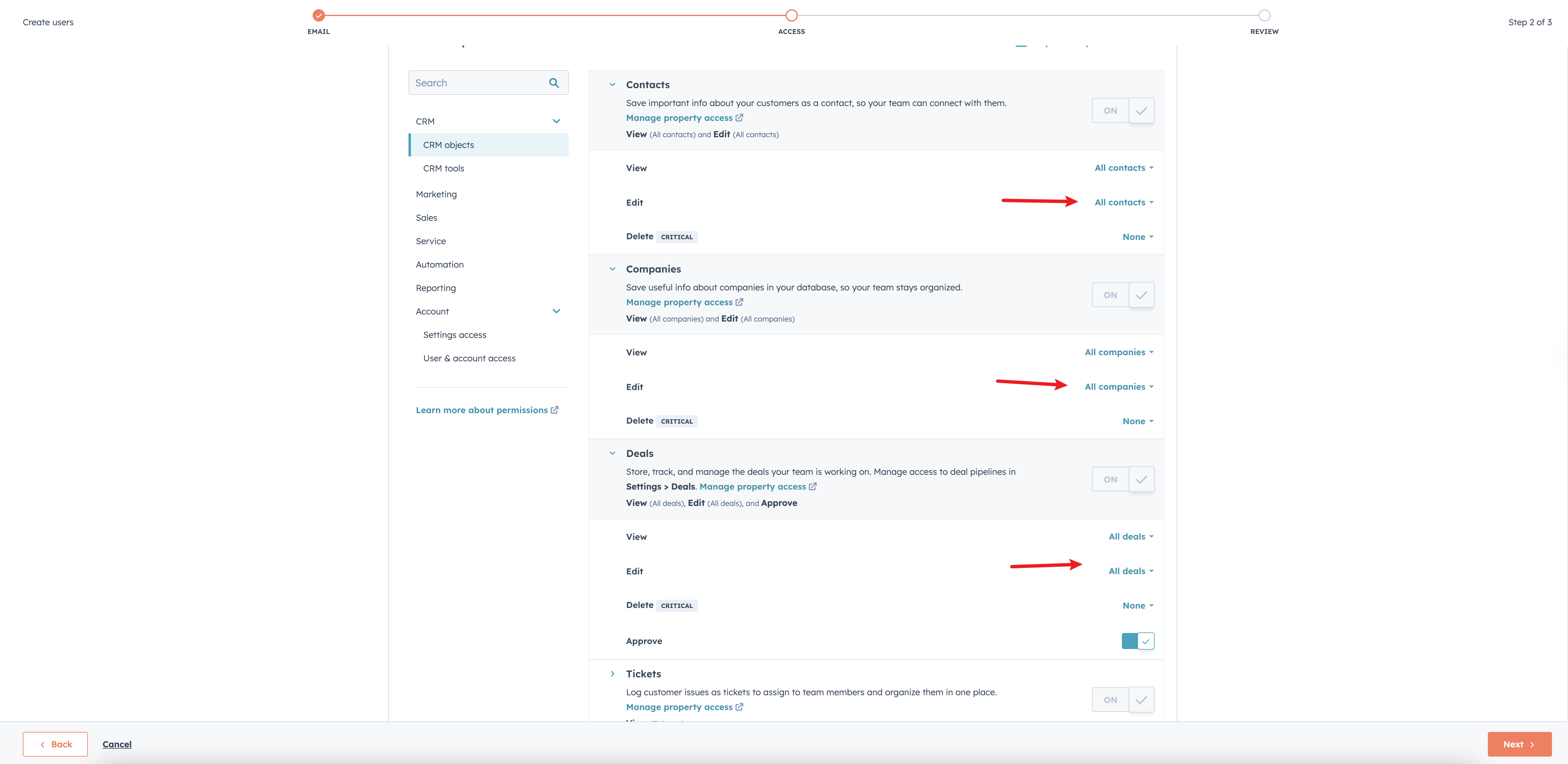 CRM permissions for contacts, companies, and deals