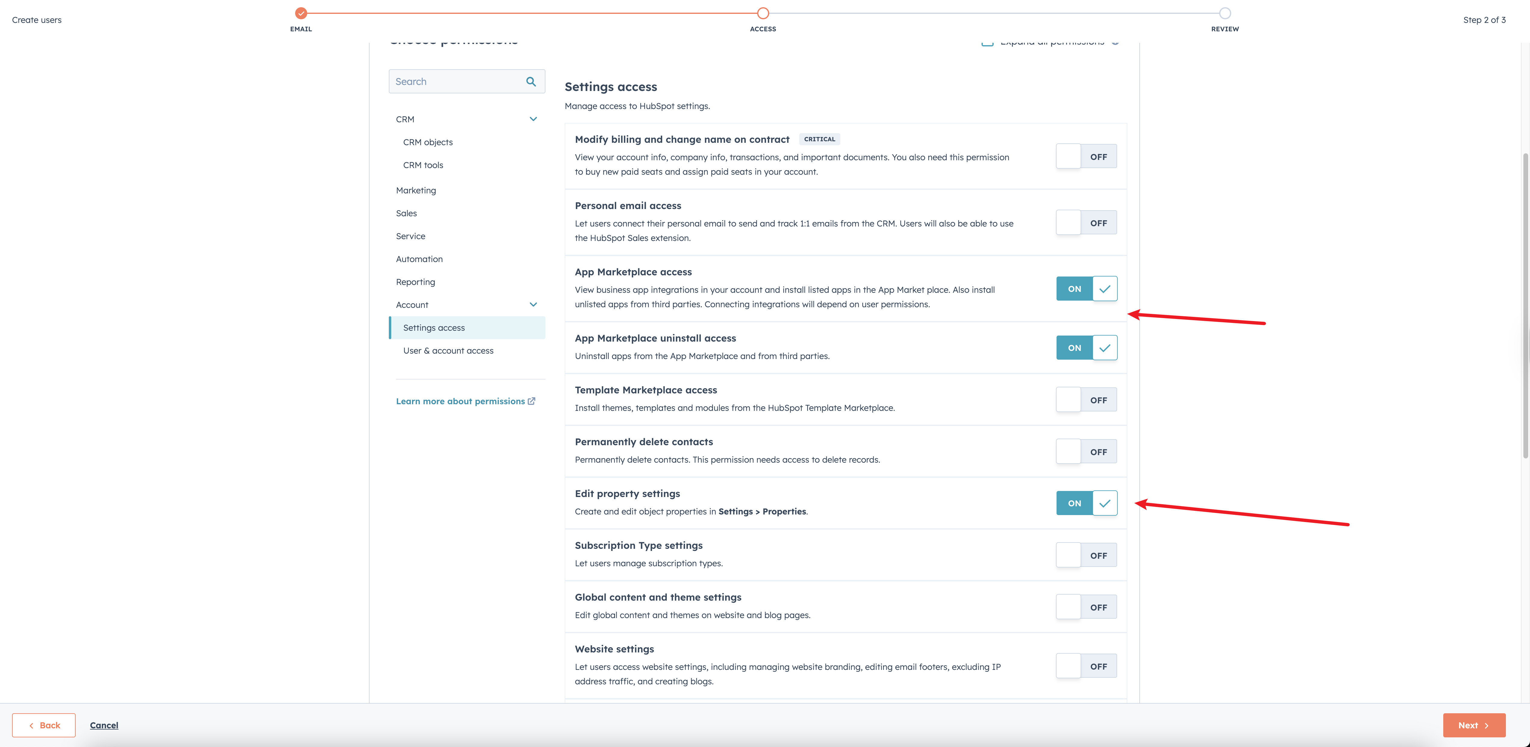 Property settings and App Marketplace access permissions