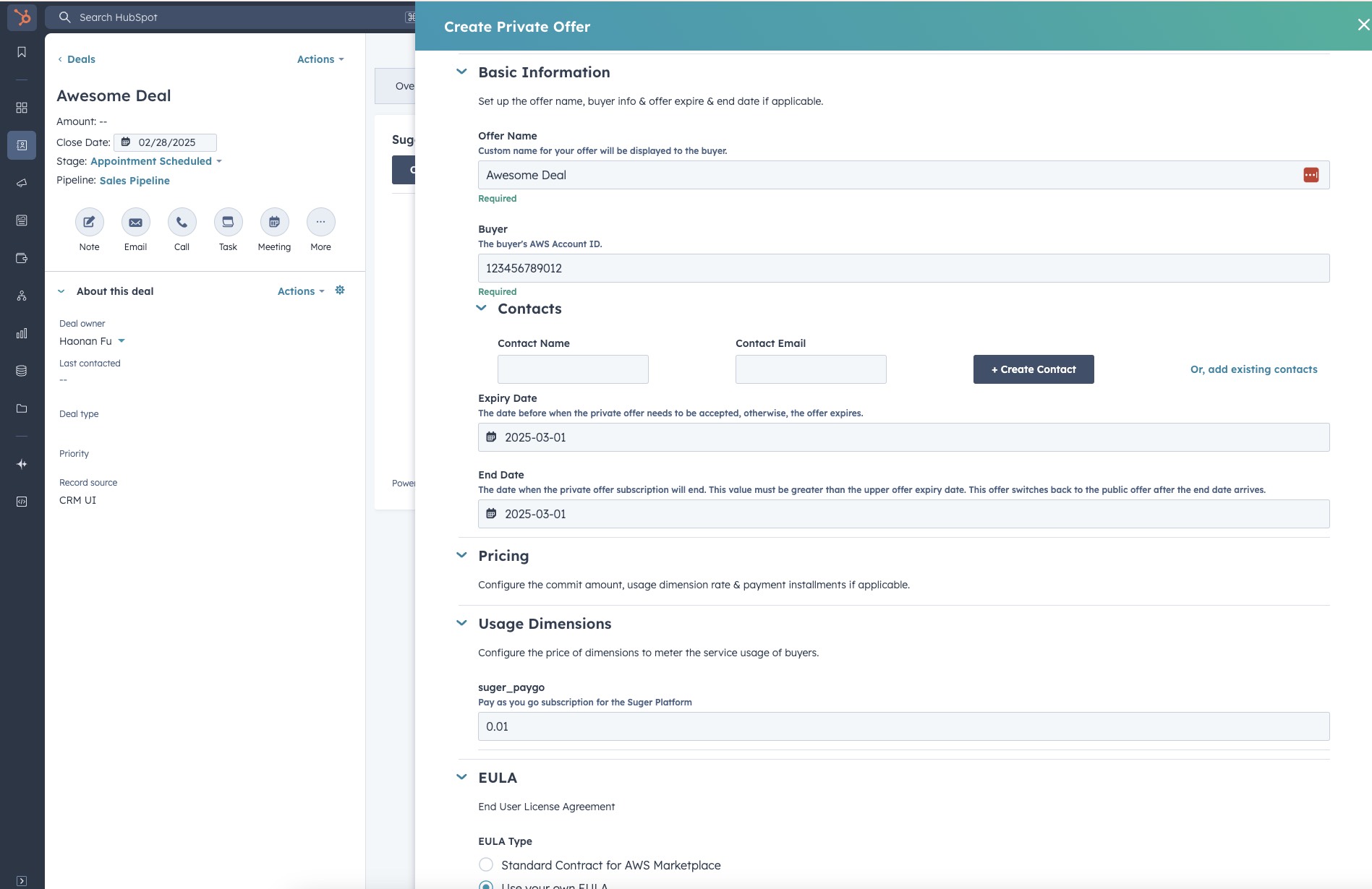 Private offer form with required fields