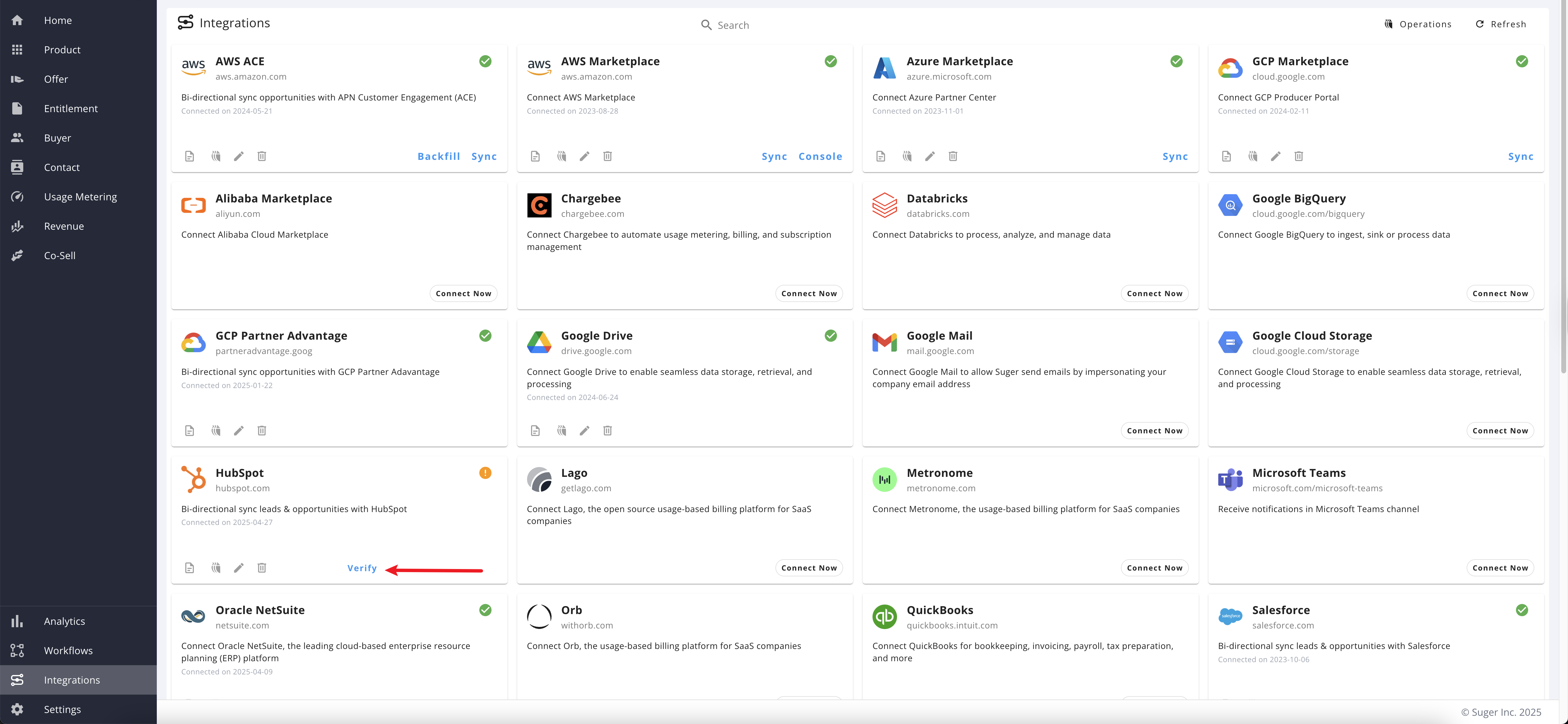 Verify button on the HubSpot integration