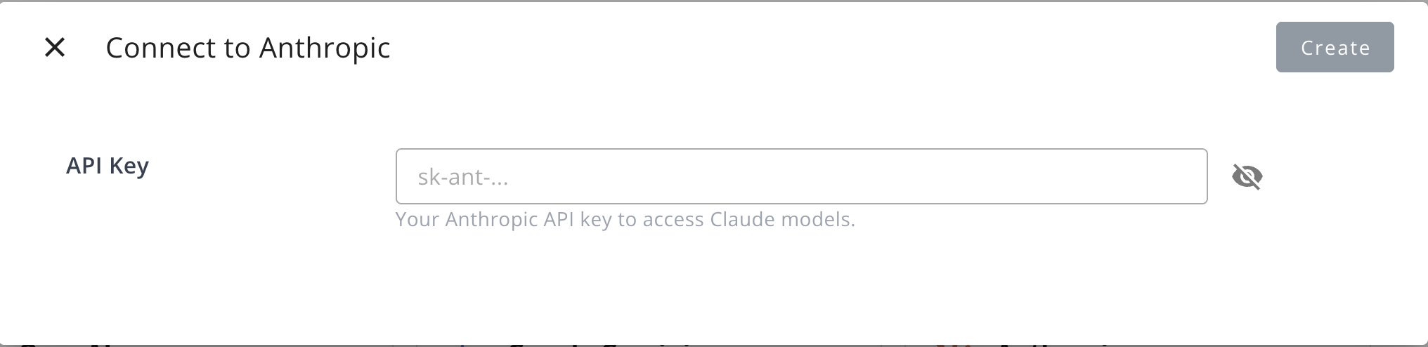 Anthropic integration dialog with API key field
