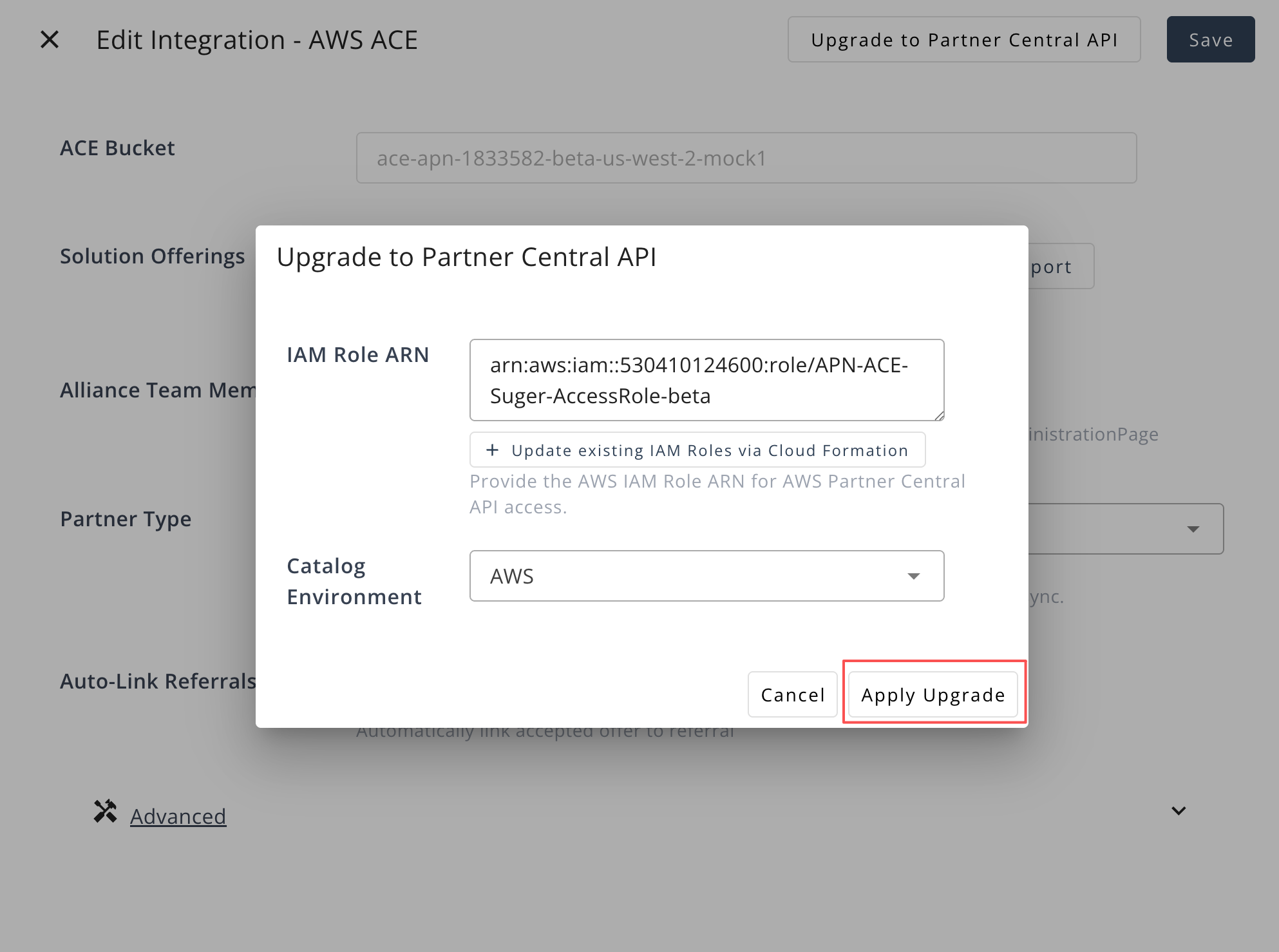 Apply Upgrade button for the AWS ACE integration