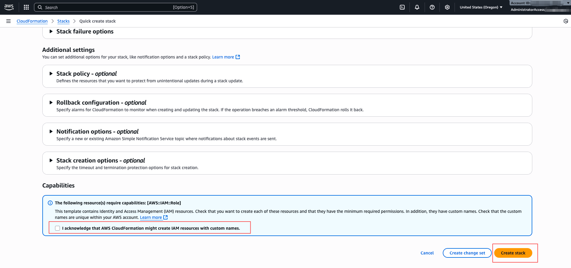 Create stack step in the AWS CloudFormation console