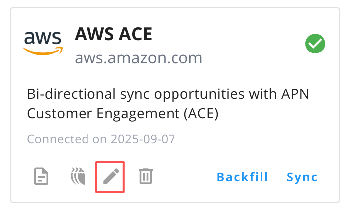 Edit button on the existing AWS ACE integration
