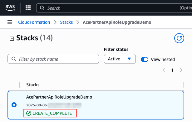 CloudFormation stack status showing CREATE_COMPLETE