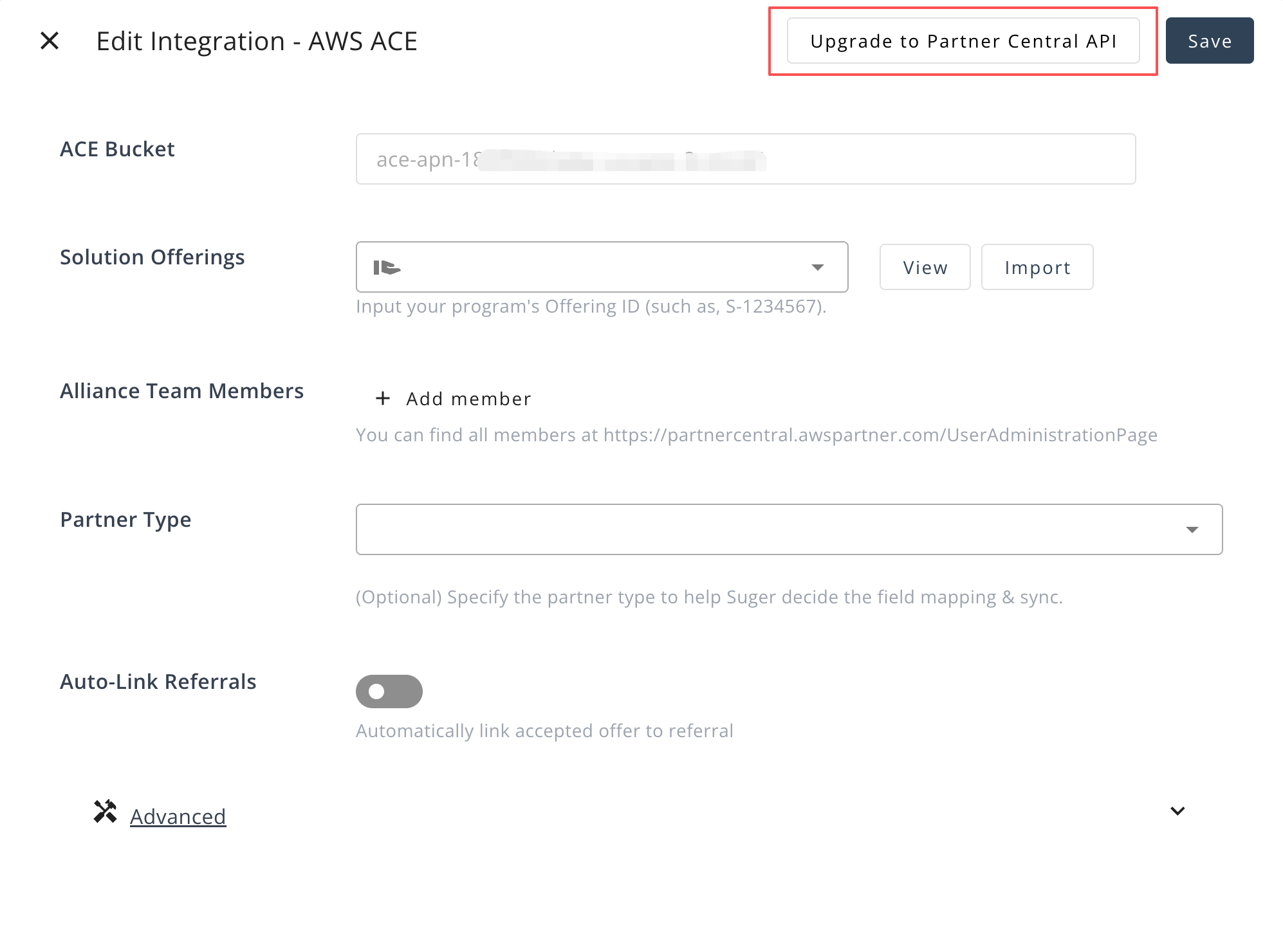 Upgrade to Partner Central API button on the AWS ACE integration