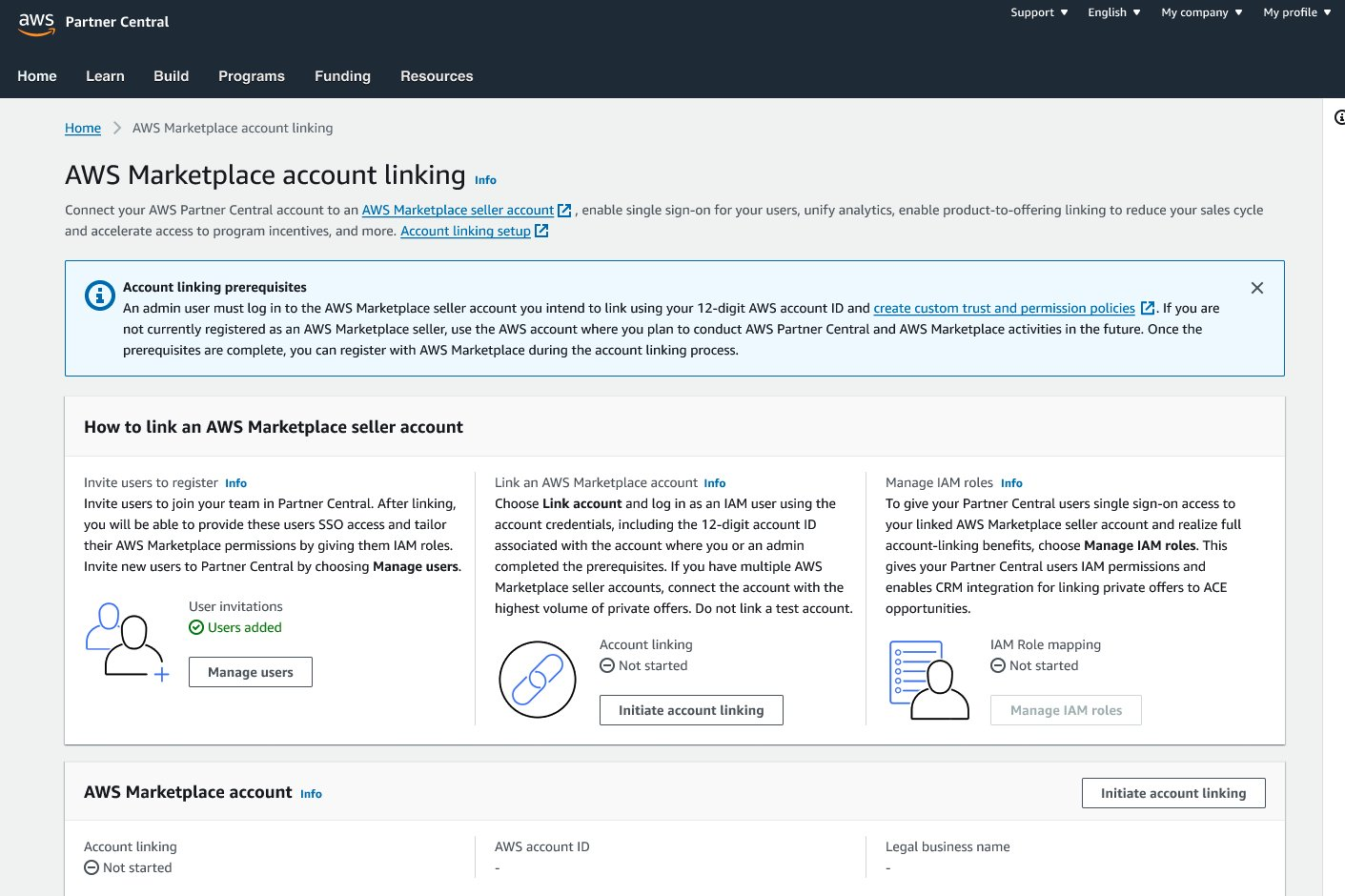 Initiate Account Linking button in AWS Partner Central