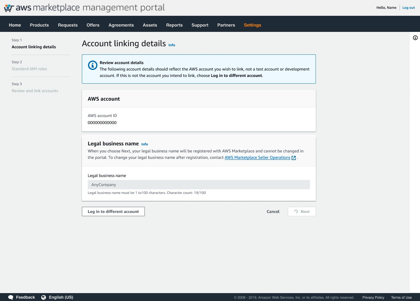 Legal Business Name entry step in account linking