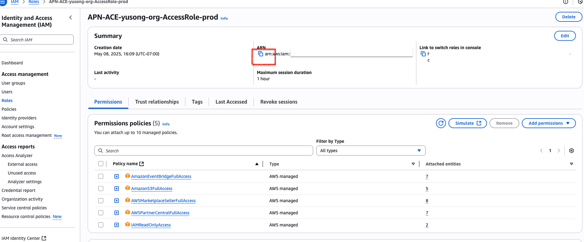 CloudFormation resources table with created IAM role