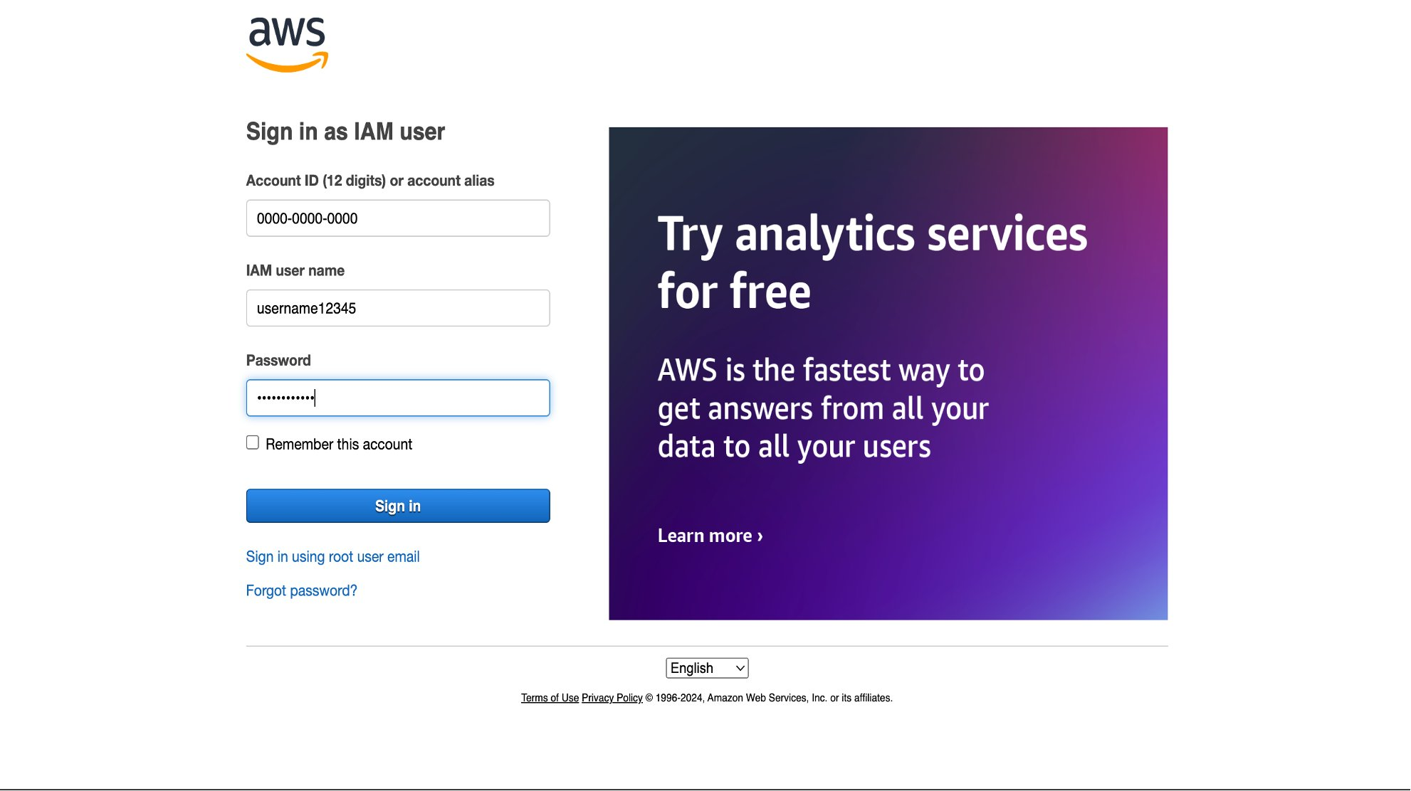 AWS single sign-on login screen