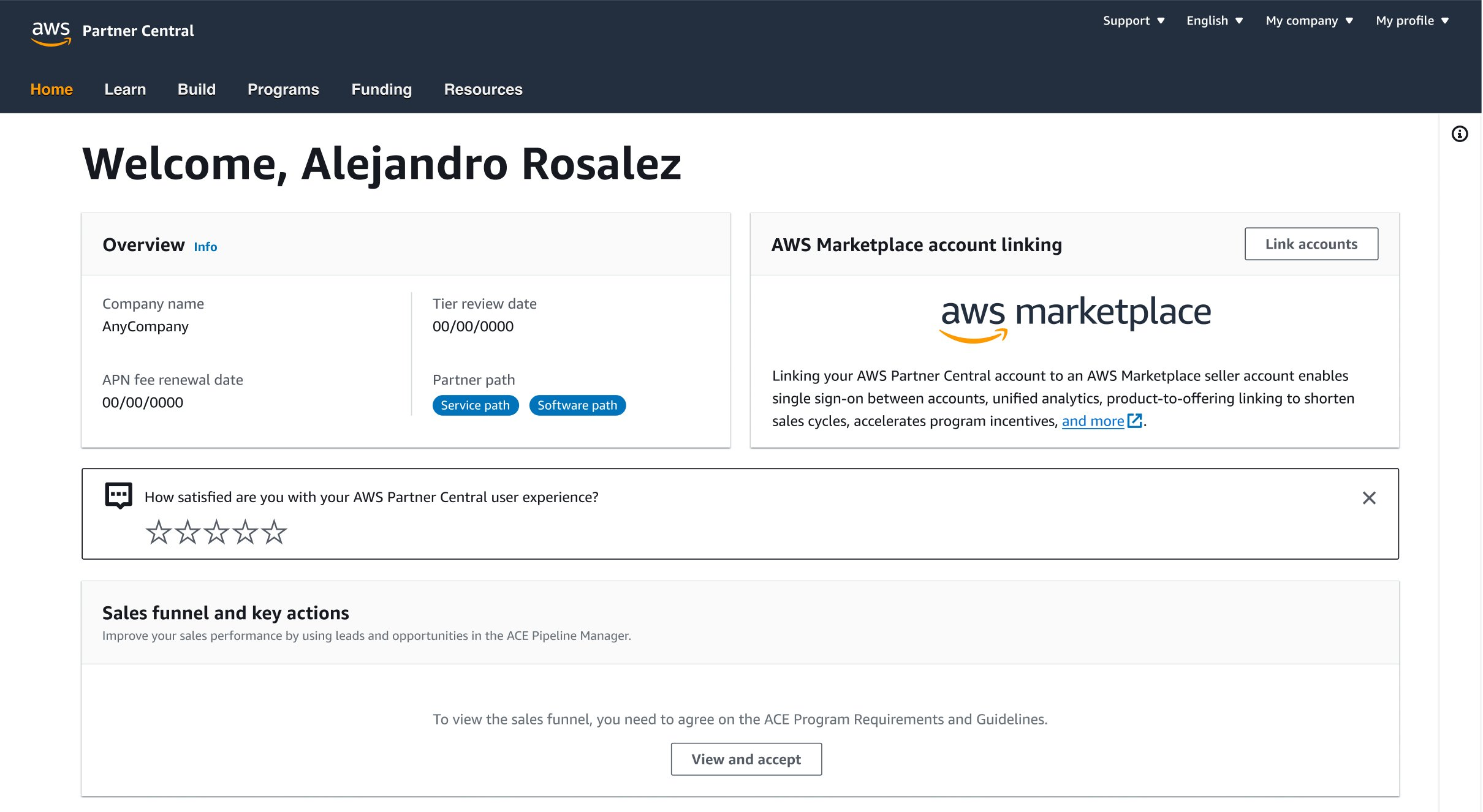 AWS Partner Central homepage with Link Account button