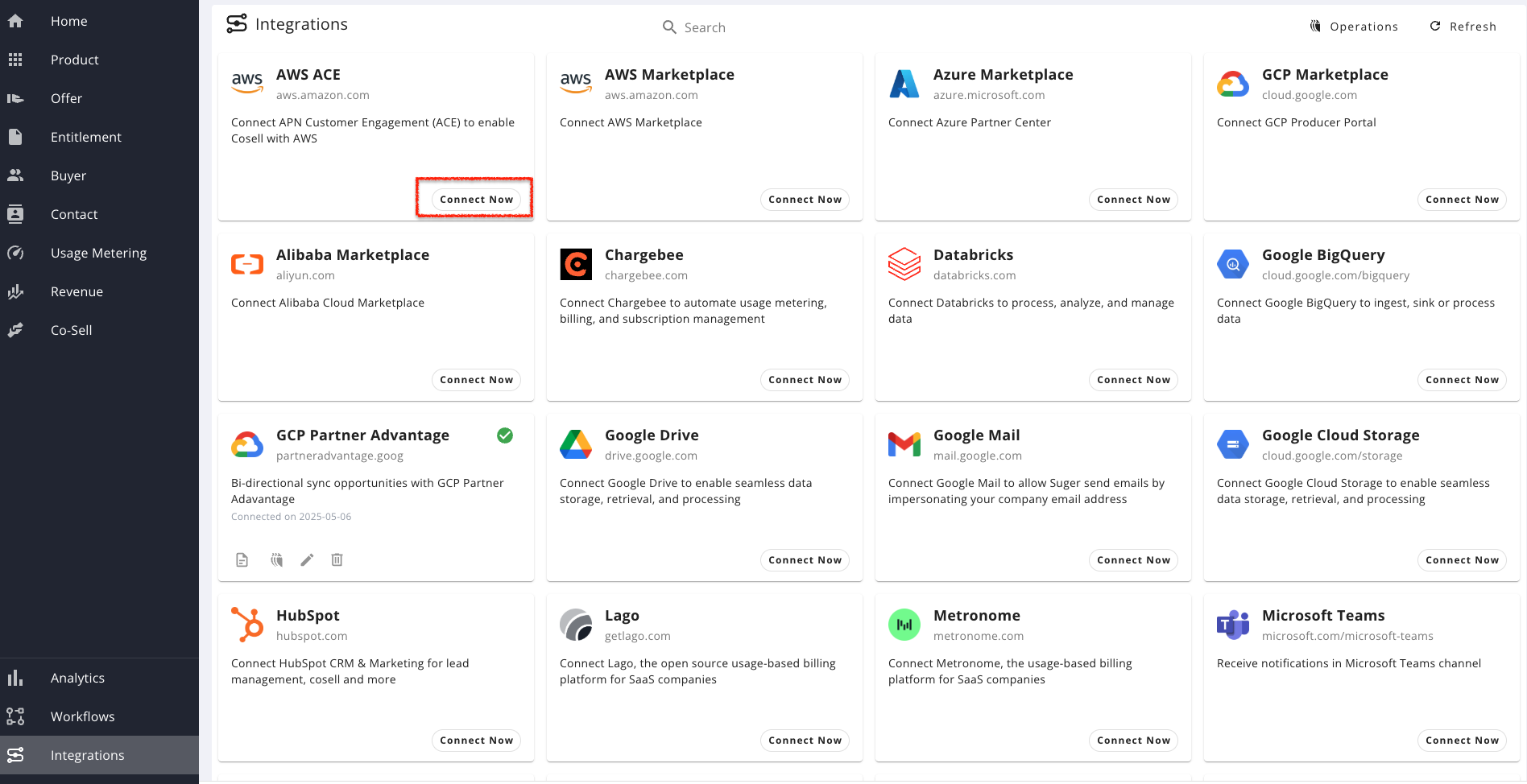 AWS ACE integration card with Connect Now button