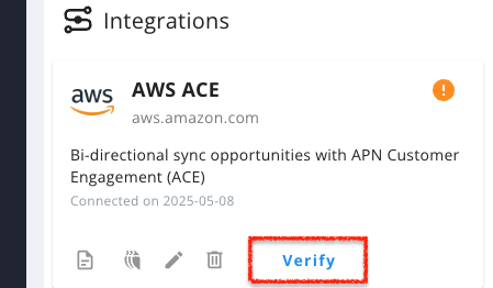 Verify button for AWS ACE integration