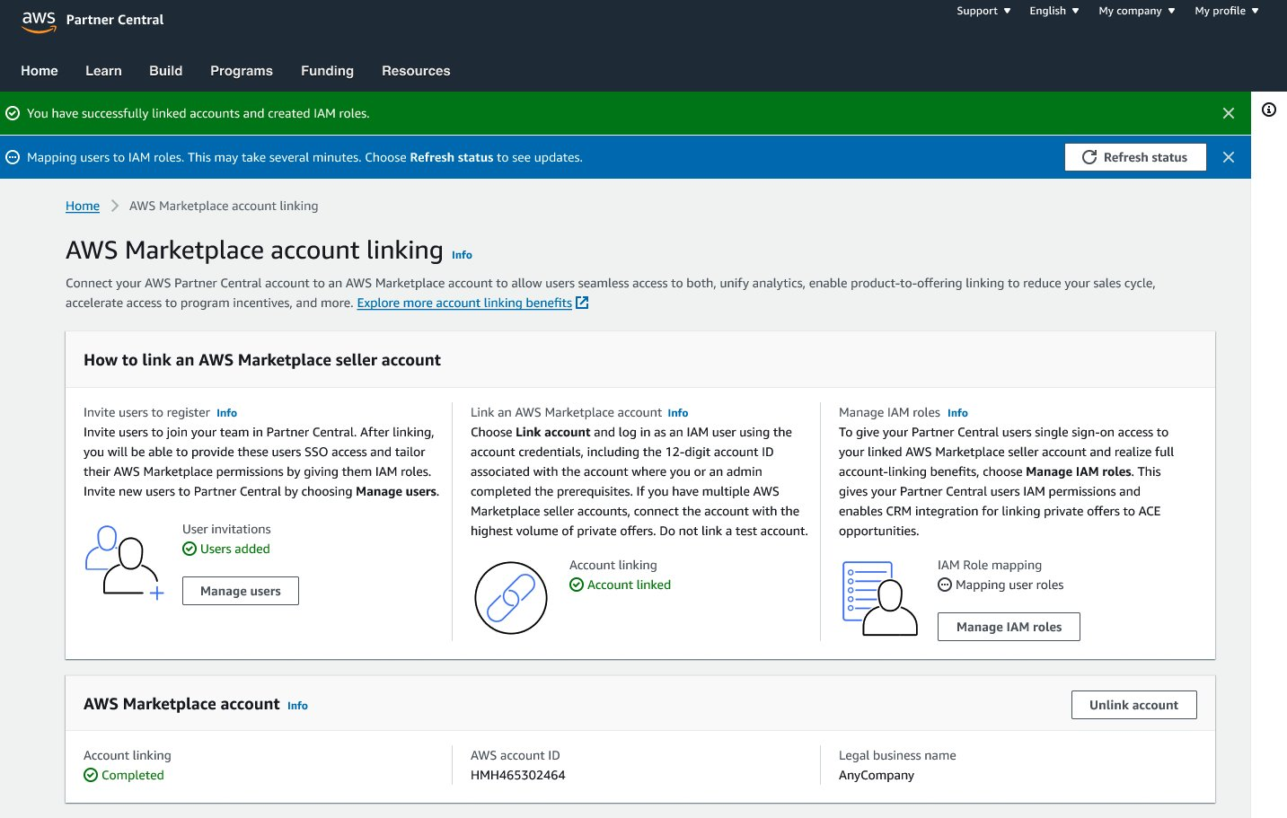 Account linking status showing Completed