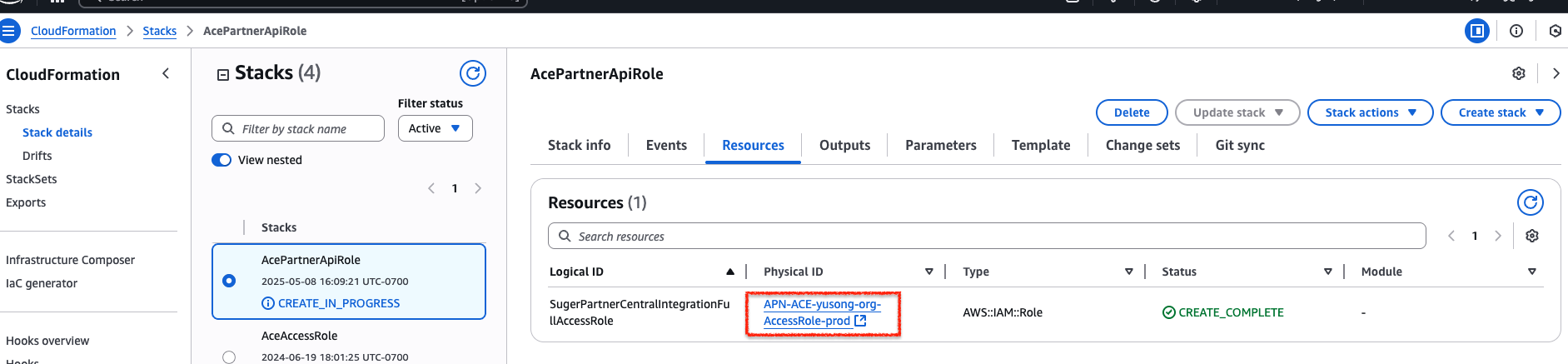 IAM role listed under CloudFormation Resources tab